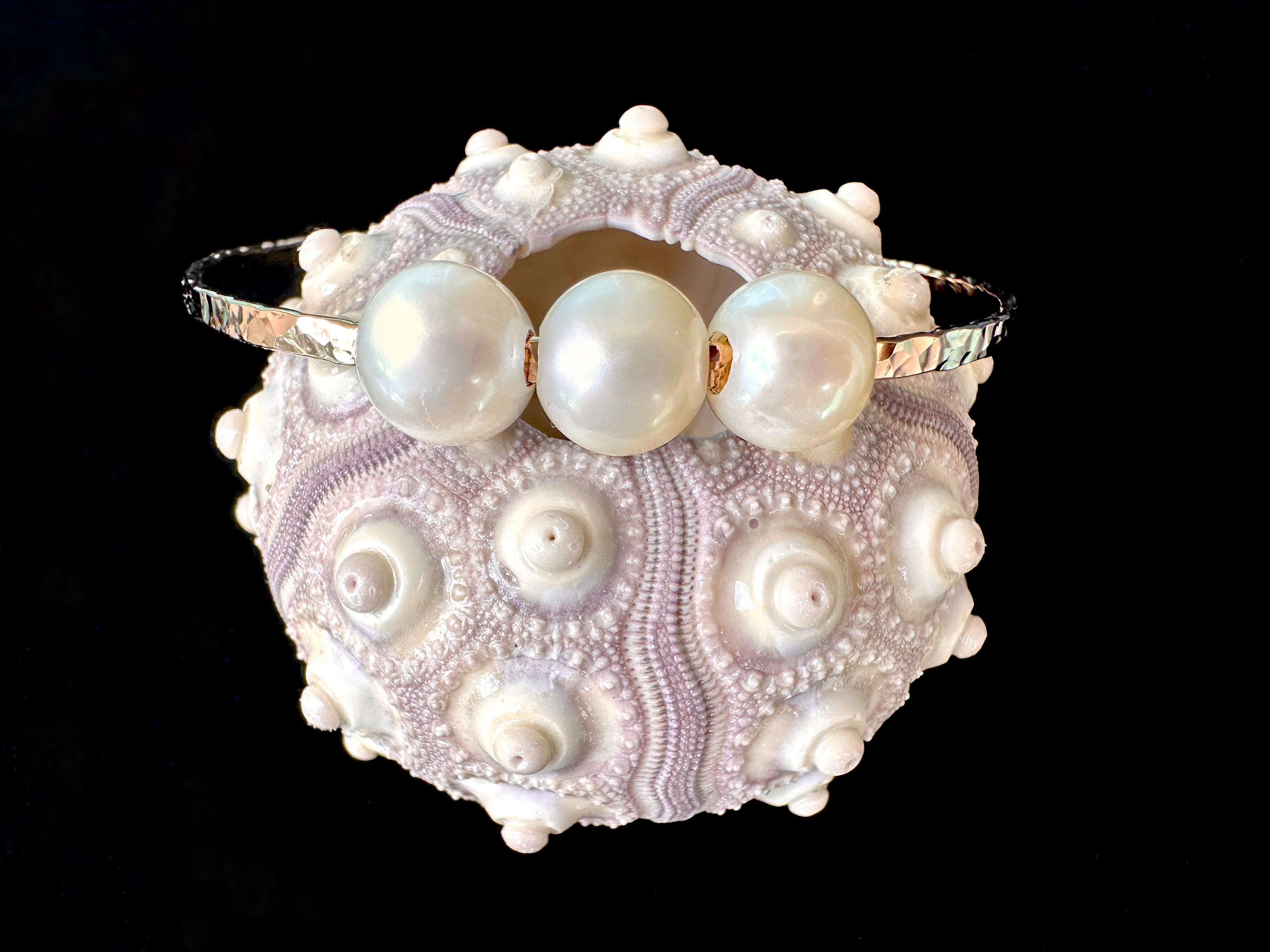 Triple White Freshwater Pearl Hammered Bangle