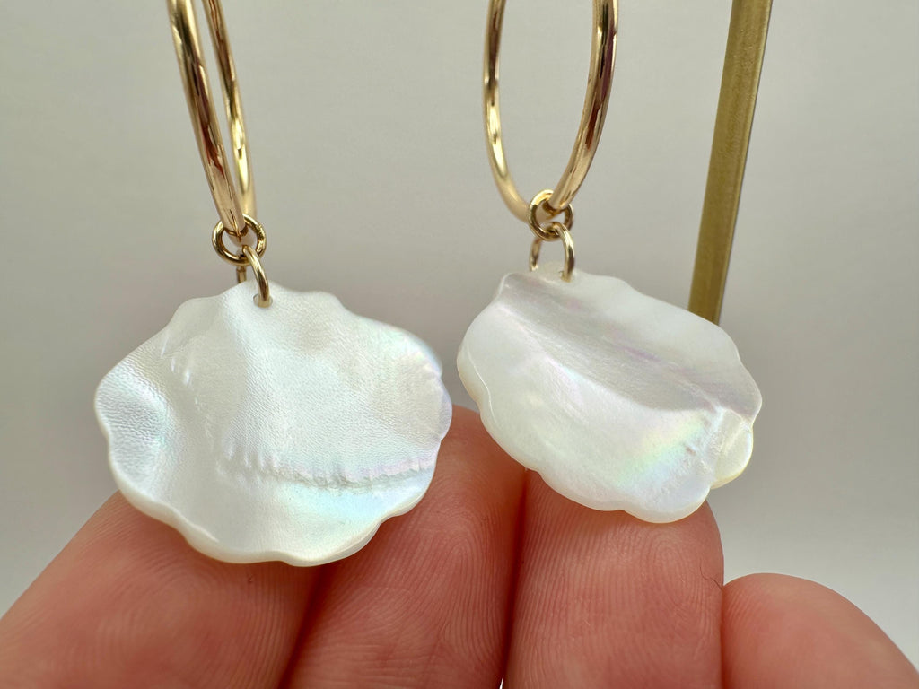 Mother of Pearl Scallop Shell with Sparkling Cubic Zirconia Charm 18K Gold Filled Hoop Earrings