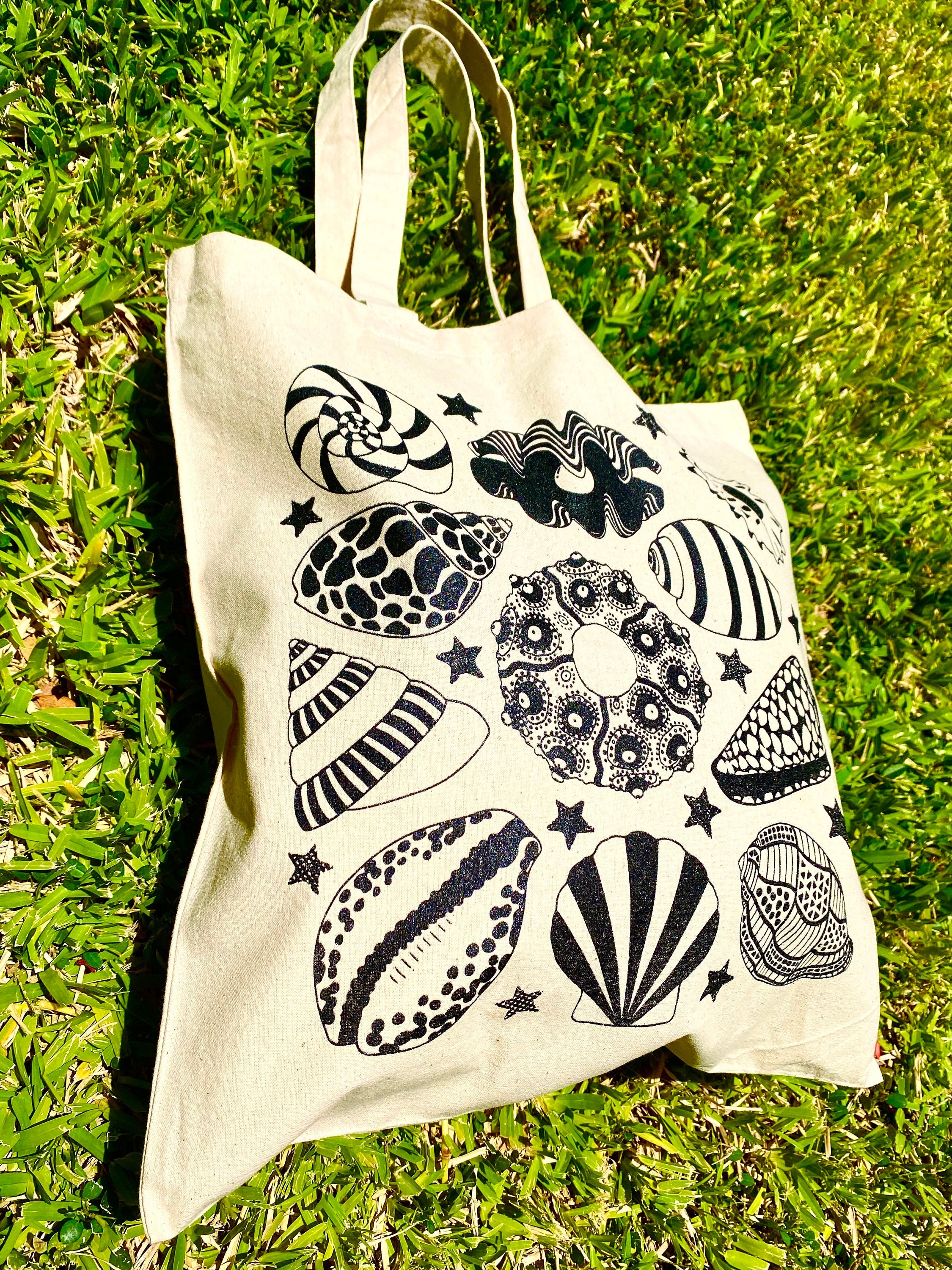 Sea Shell Screen Print Cotton Canvas Tote Bag Reusable Washable Lightweight