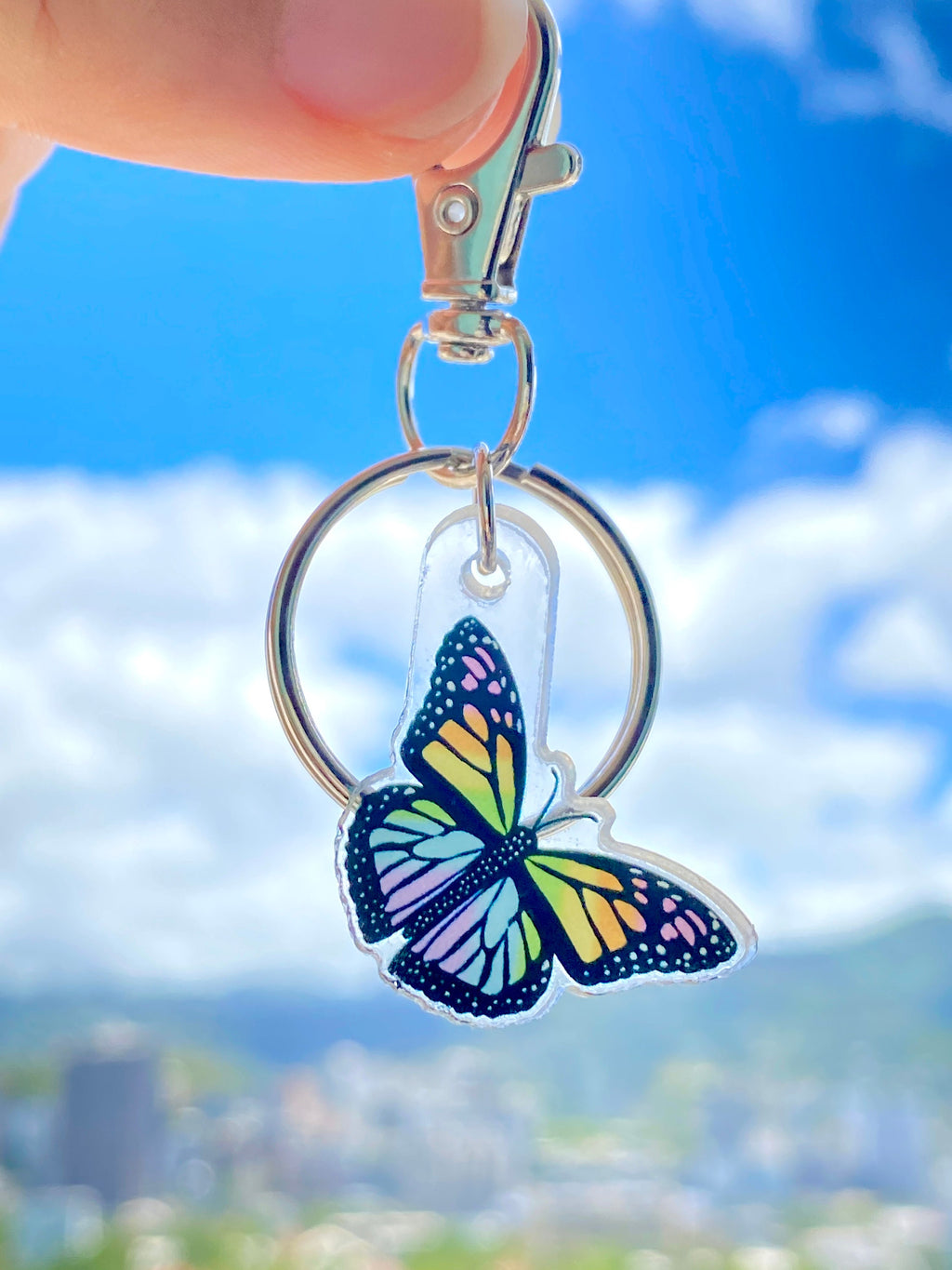 Acrylic 1" Charm Keychain - Rainbow, Monarch Butterfly, Sunrise Shell