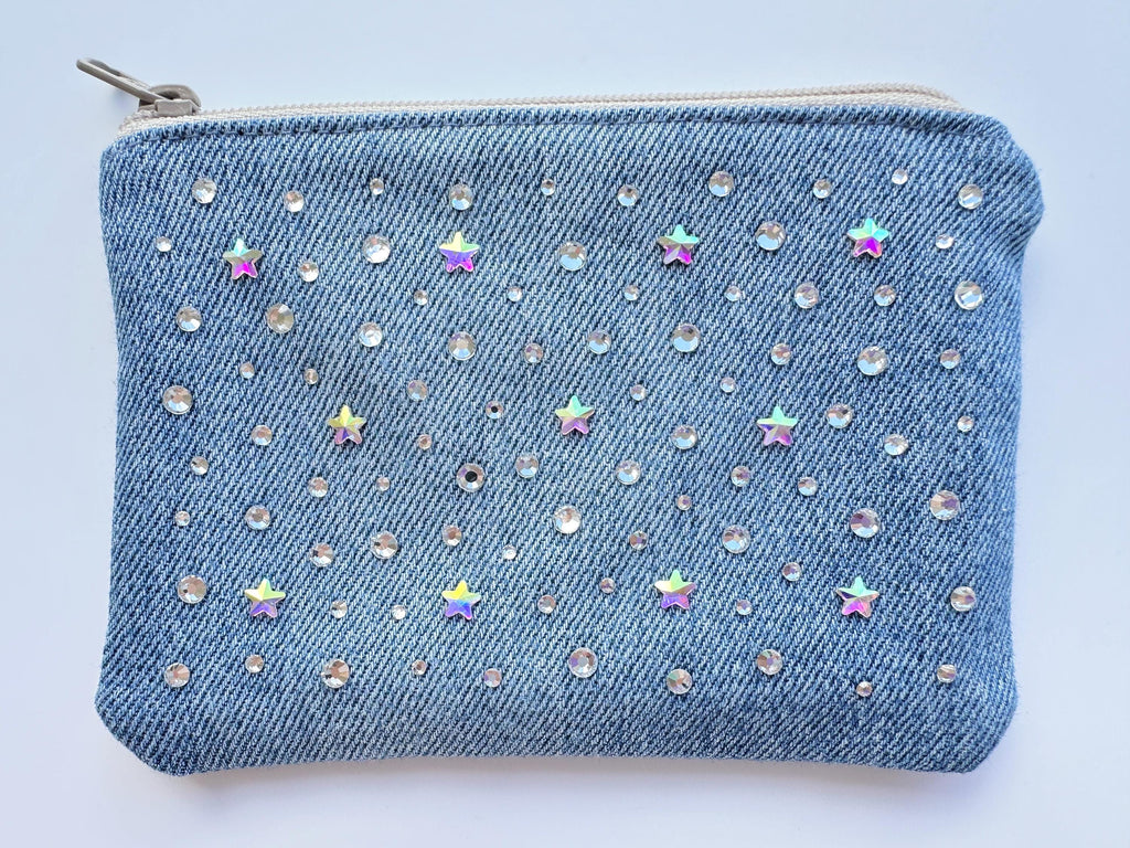 Sparkling Rhinestone Encrusted Small Blue Jean Coin Purse