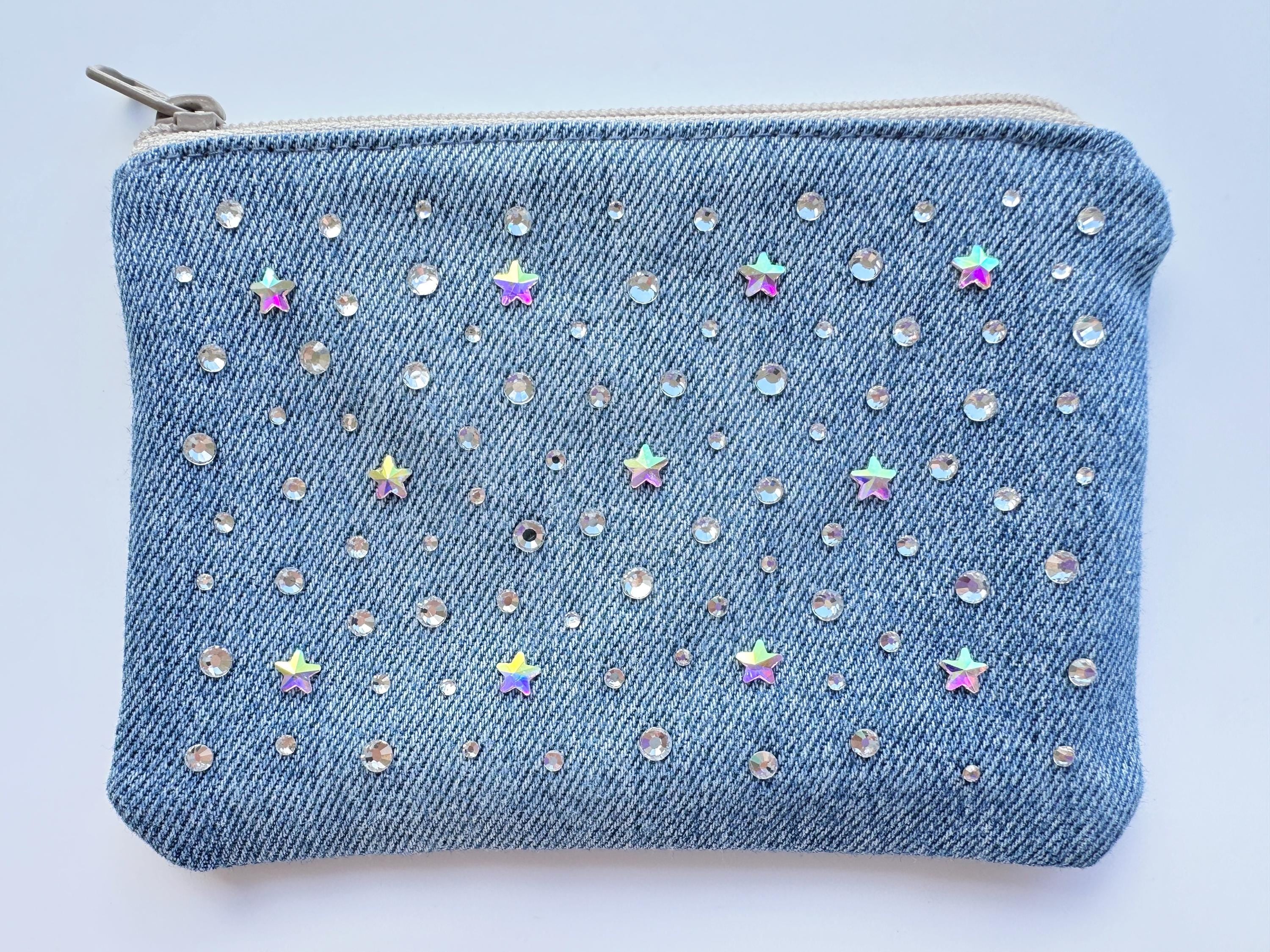 Sparkling Rhinestone Encrusted Small Blue Jean Coin Purse