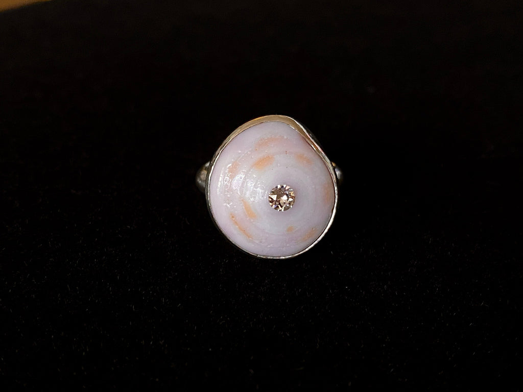 Hawaiian Puka Shell with Swarovski Crystal Sterling Silver Bezel Set Ring