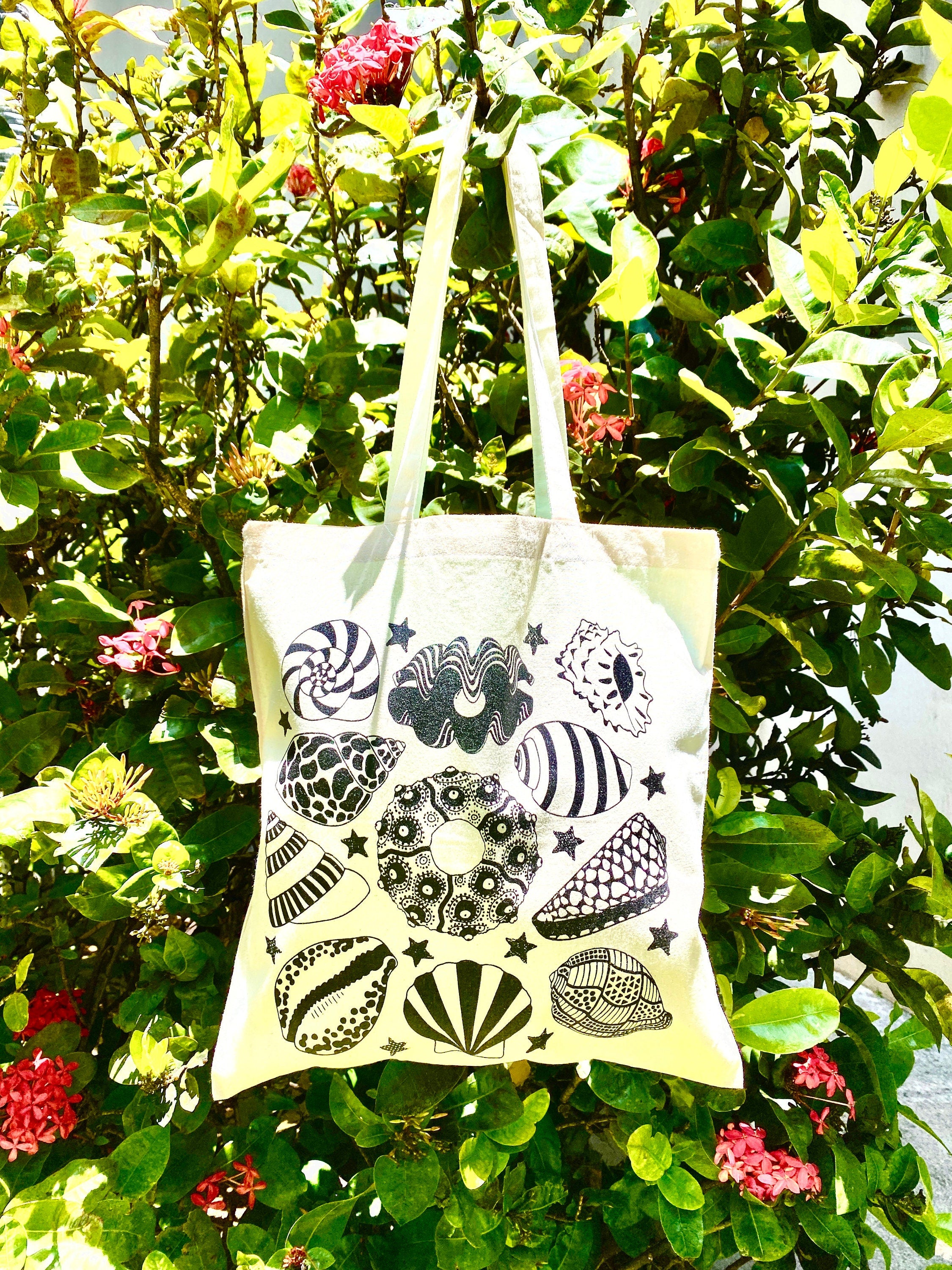 Sea Shell Screen Print Cotton Canvas Tote Bag Reusable Washable Lightweight