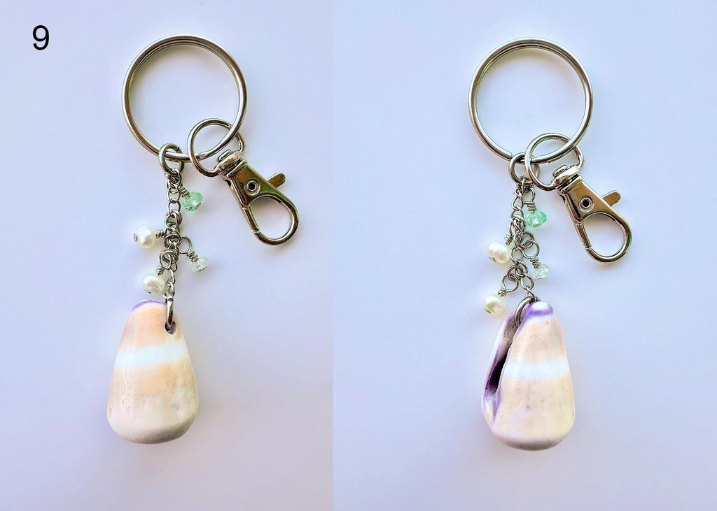 Hawaiian Cone or Cowrie Shell Keychain with Freshwater Pearls and Aquamarine