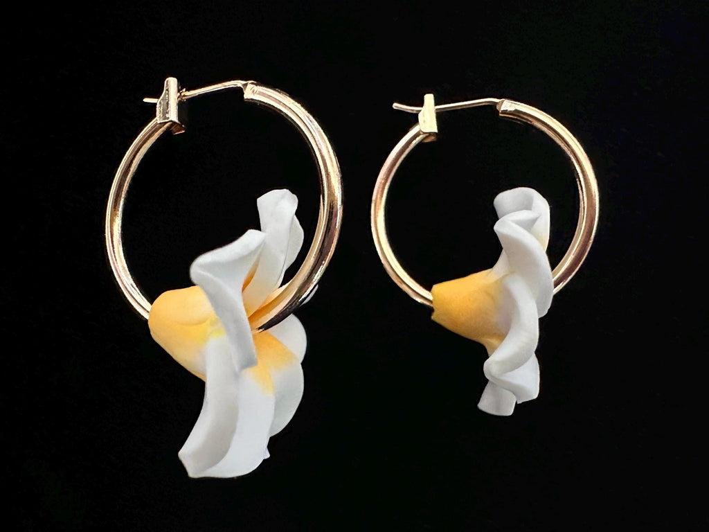Gold Hoop Plumeria Earrings Hawaiian Frangipani Polymer Clay Flowers