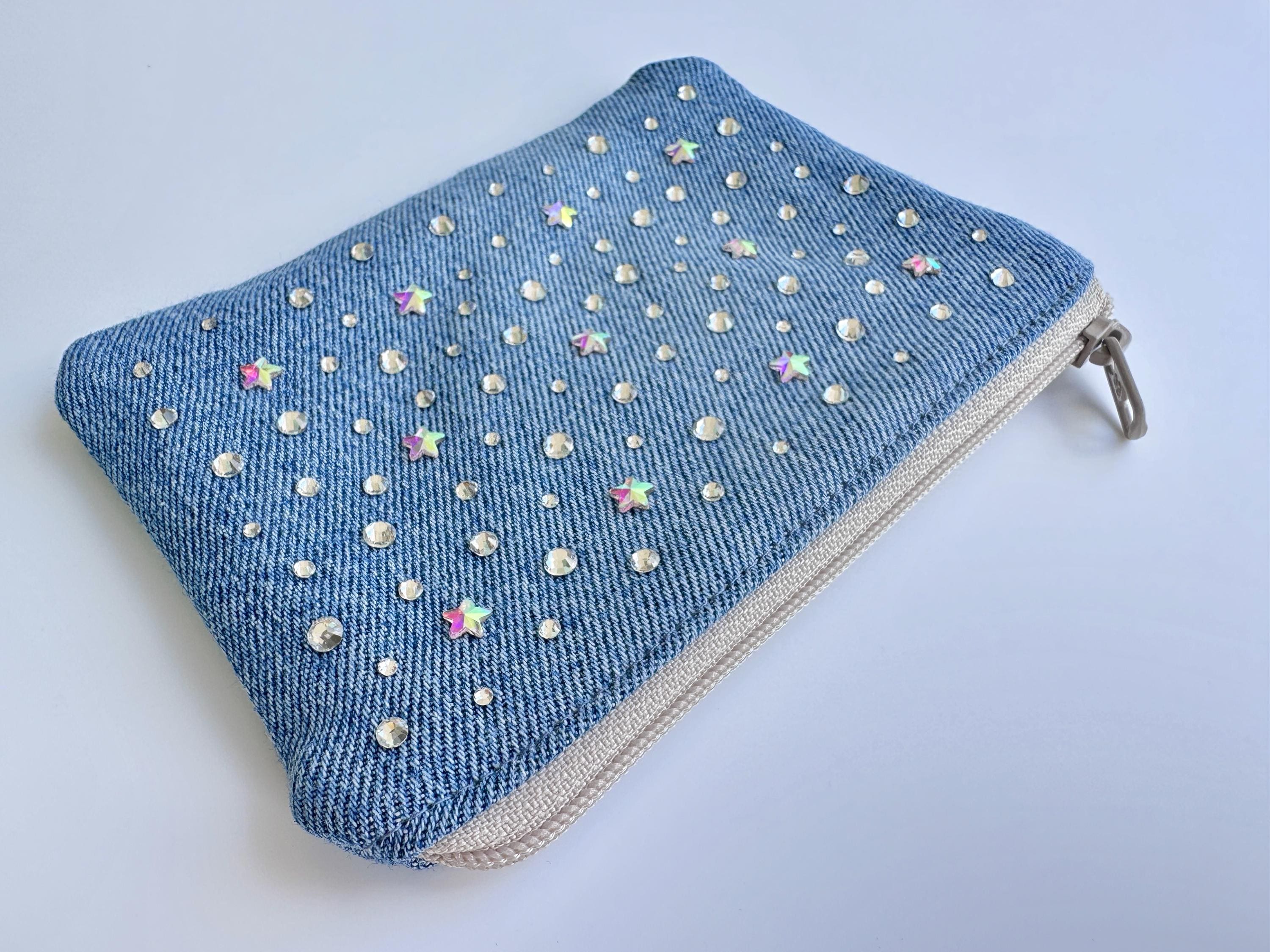 Sparkling Rhinestone Encrusted Small Blue Jean Coin Purse