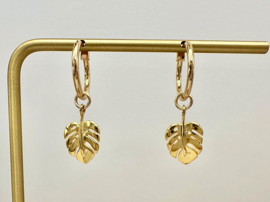Monstera Leaf Charm 18K Gold Filled Hoop Earrings