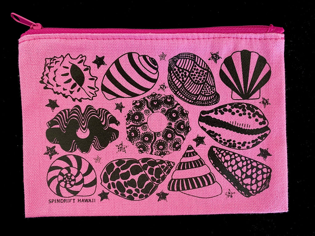 Pink Canvas Sea Shell Screen Print Zip Pouch