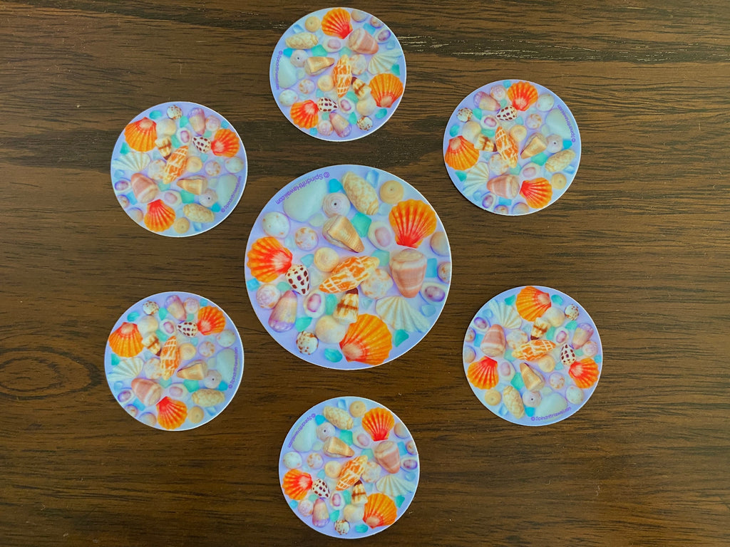 Shells and Sea Glass Collage Circle Vinyl Die Cut Sticker