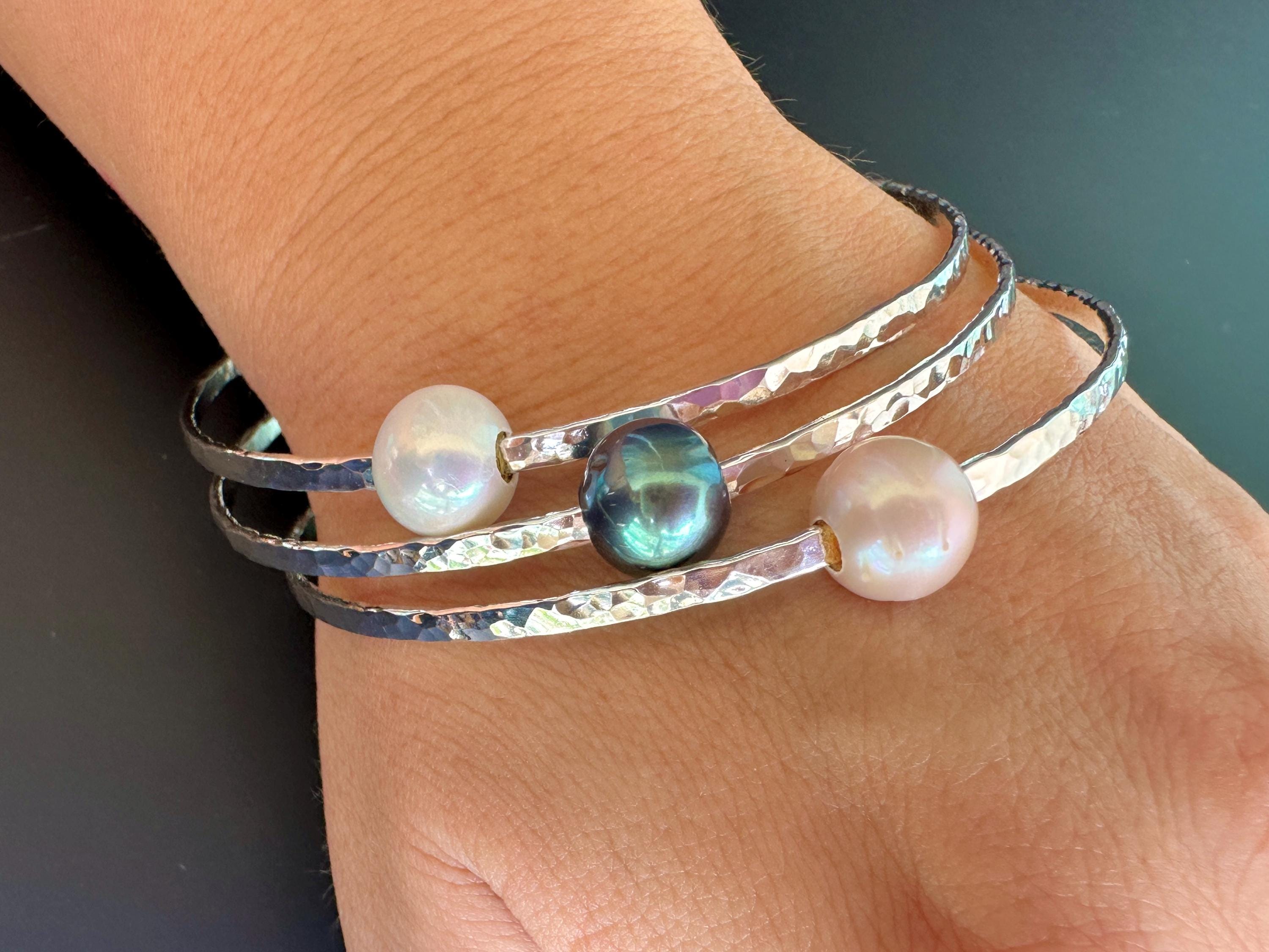 Hammered Bangle with a Single Freshwater Pearl