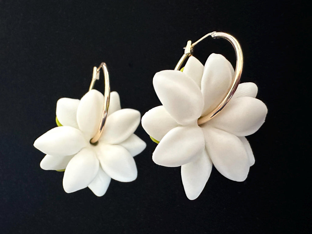 White Pikake 18K Gold Filled Hoop Earrings Hawaiian Jasmine Clay Flowers