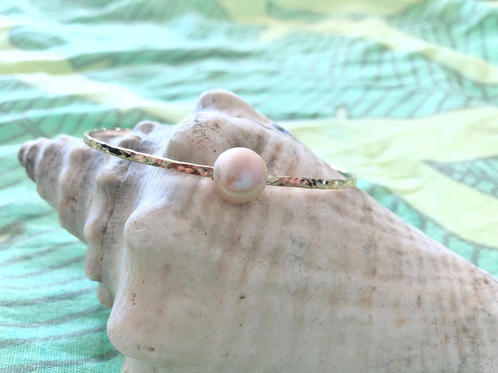 Hammered Bangle with a Single Freshwater Pearl
