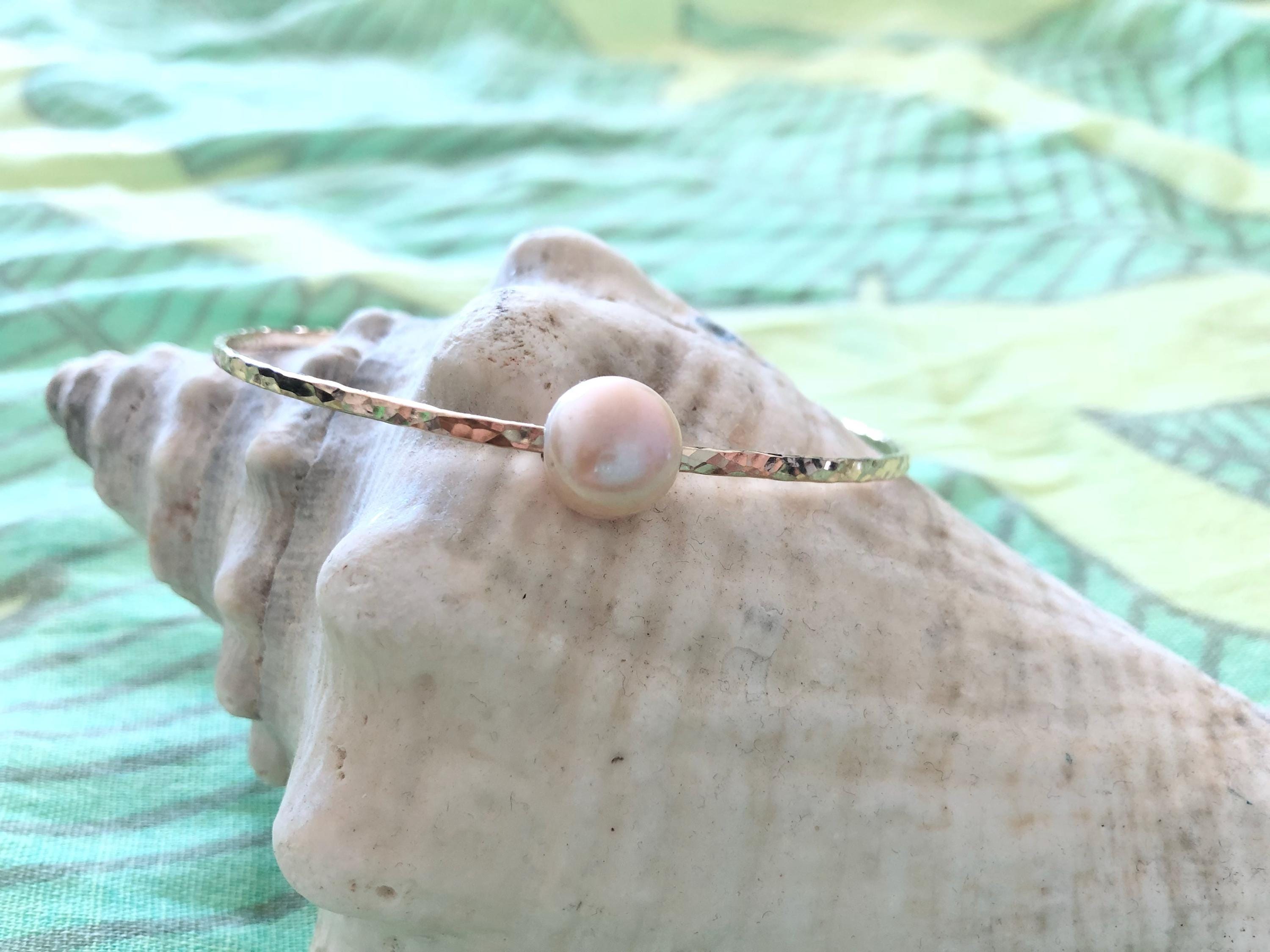 Hammered Bangle with a Single Freshwater Pearl