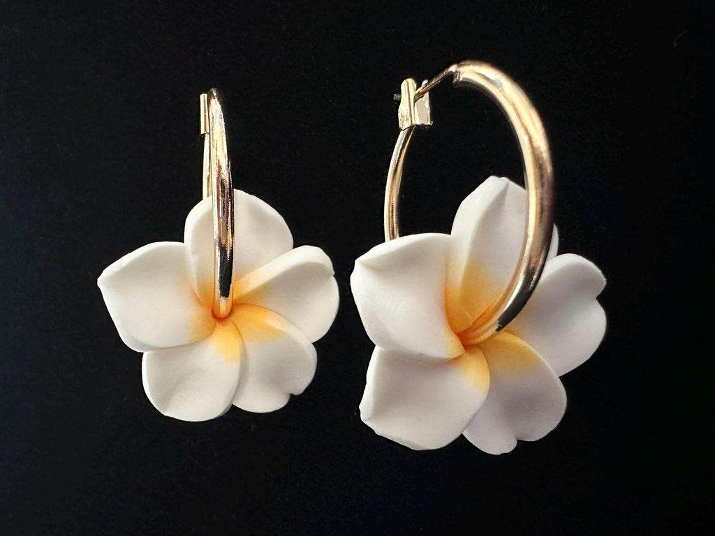 Gold Hoop Plumeria Earrings Hawaiian Frangipani Polymer Clay Flowers