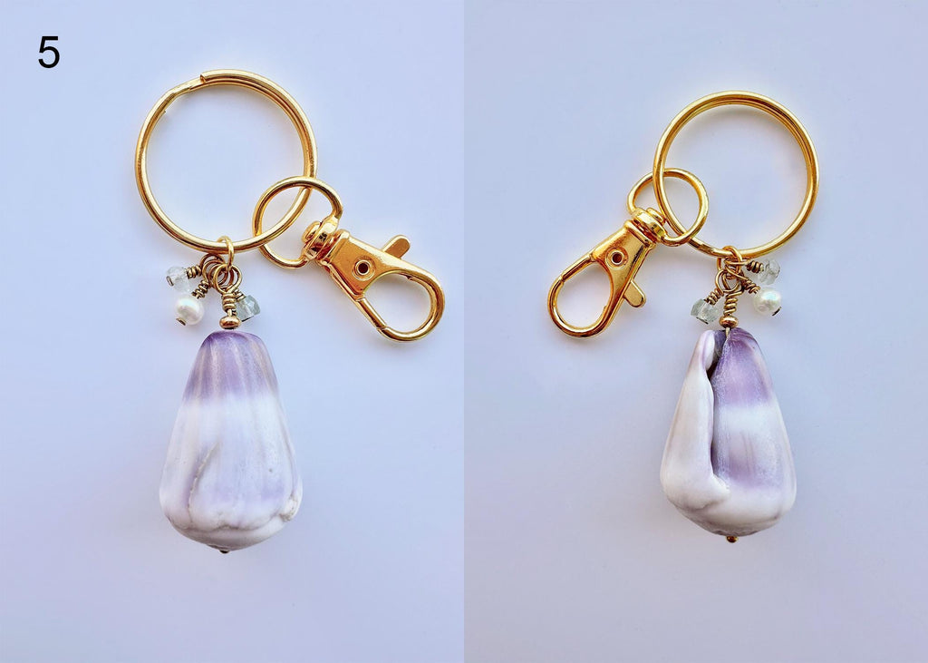 Hawaiian Cone or Cowrie Shell Keychain with Freshwater Pearls and Aquamarine