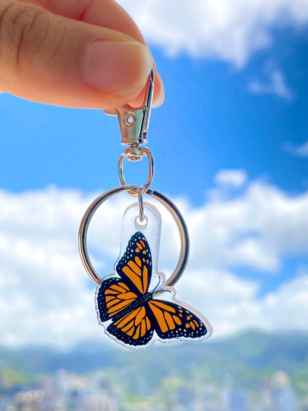 Acrylic 1" Charm Keychain - Rainbow, Monarch Butterfly, Sunrise Shell