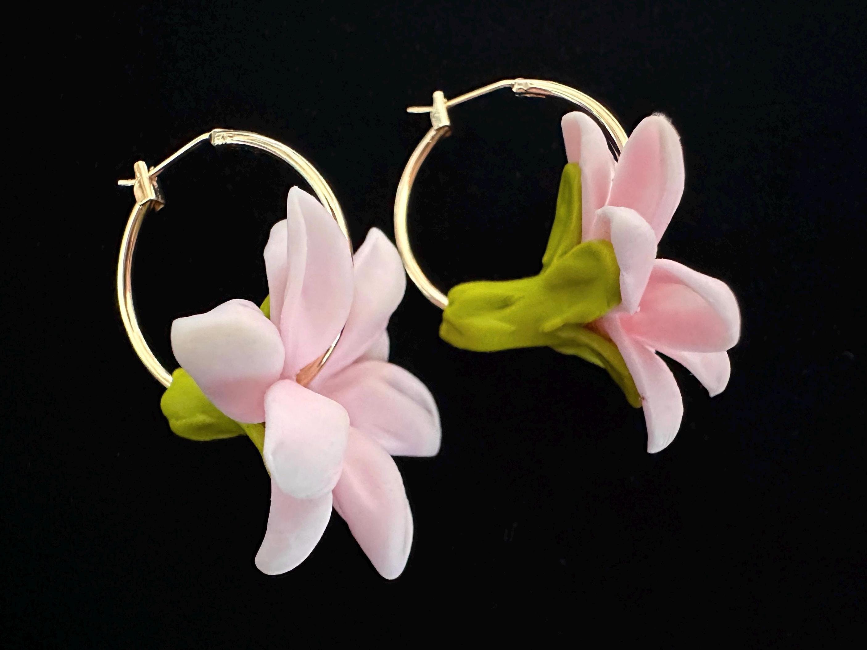 Pink Pikake 18K Gold Filled Hoop Earrings Hawaiian Jasmine Clay Flowers