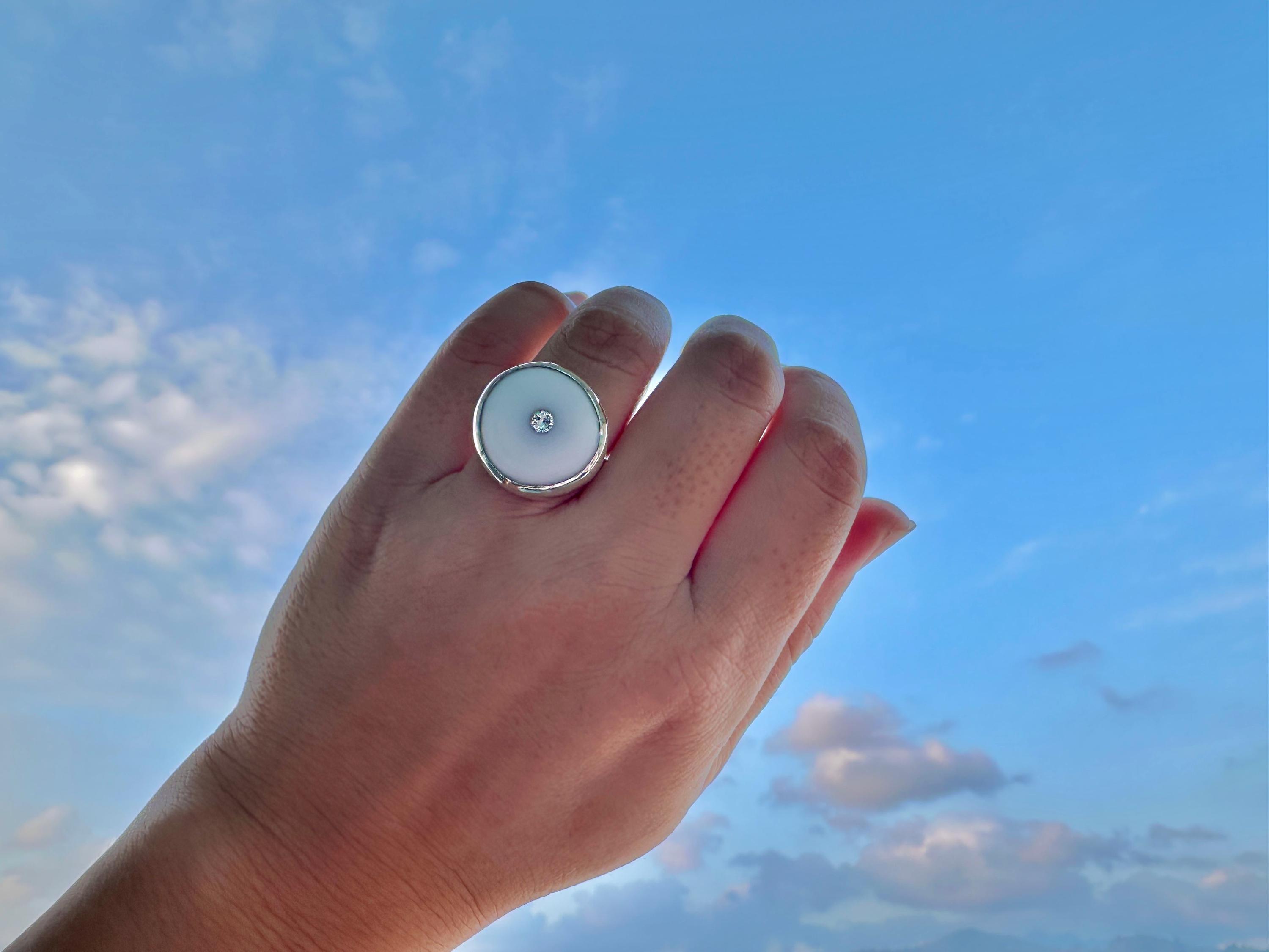 Hawaiian Puka Shell with Swarovski Crystal Sterling Silver Bezel Set Ring