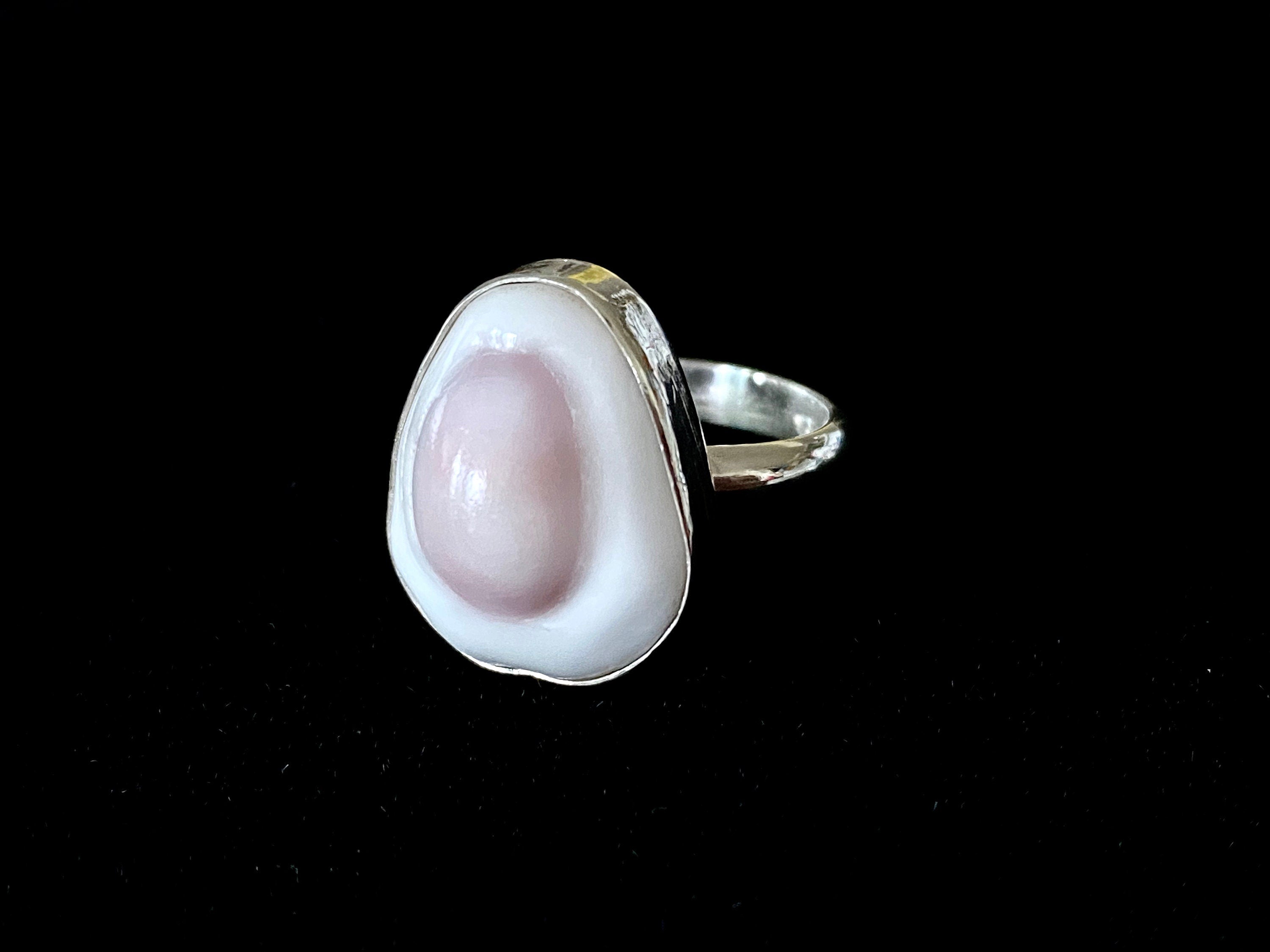 Purple and White Money Cowrie Shell Sterling Silver Bezel Set Ring