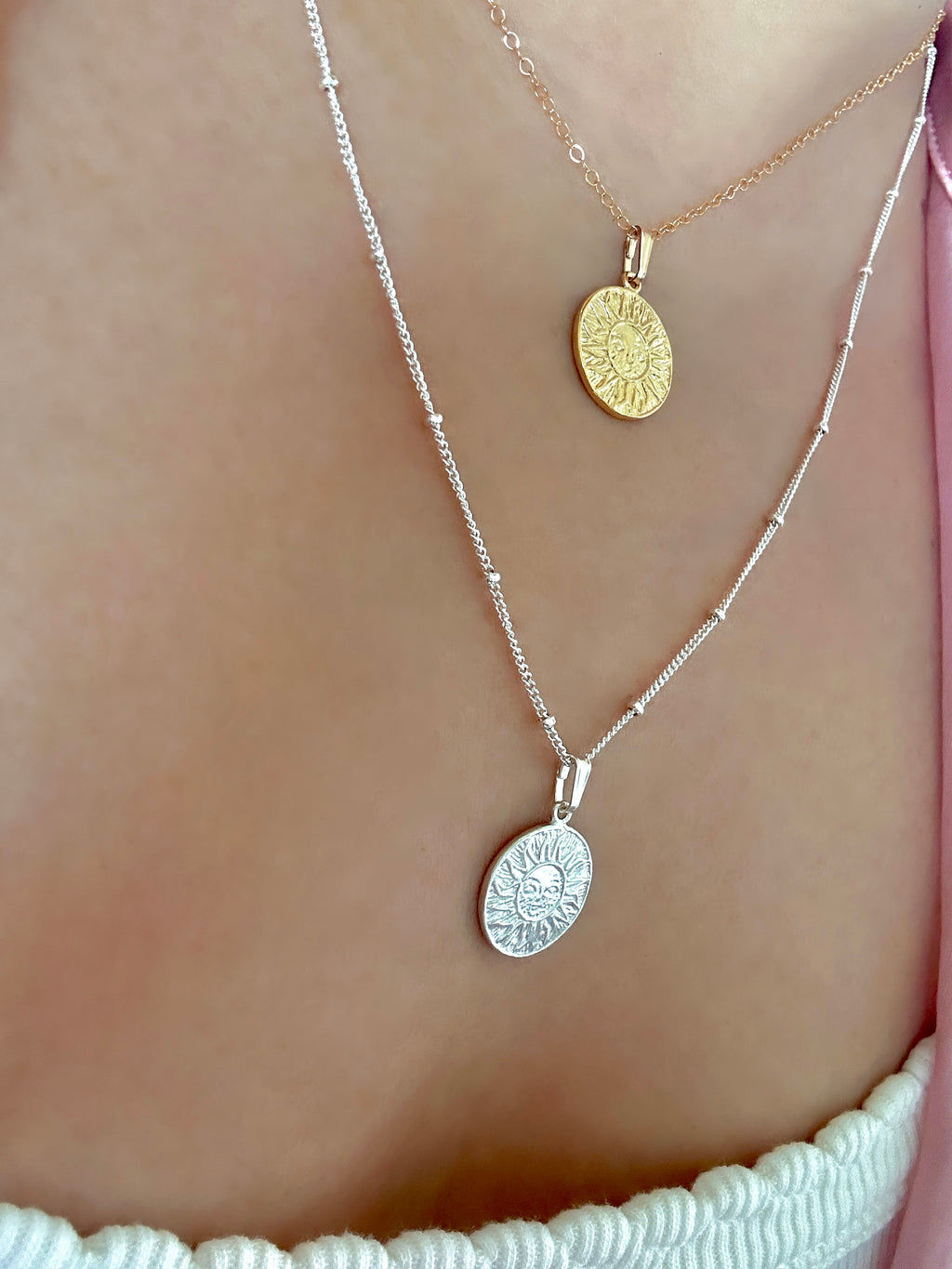 Sun Medallion Charm Necklace in Gold or Silver