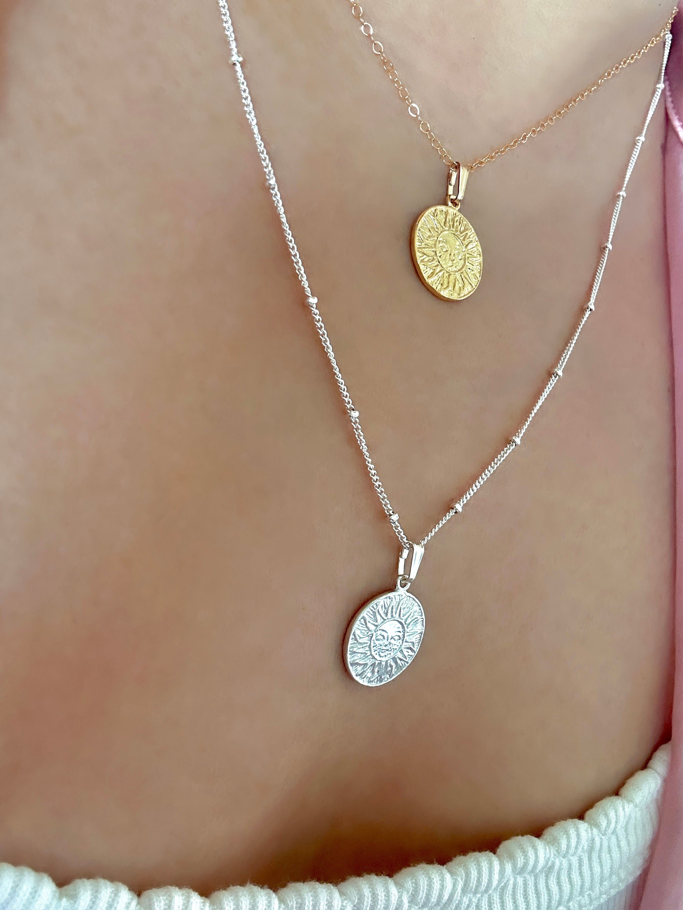 Sun Medallion Charm Necklace in Gold or Silver