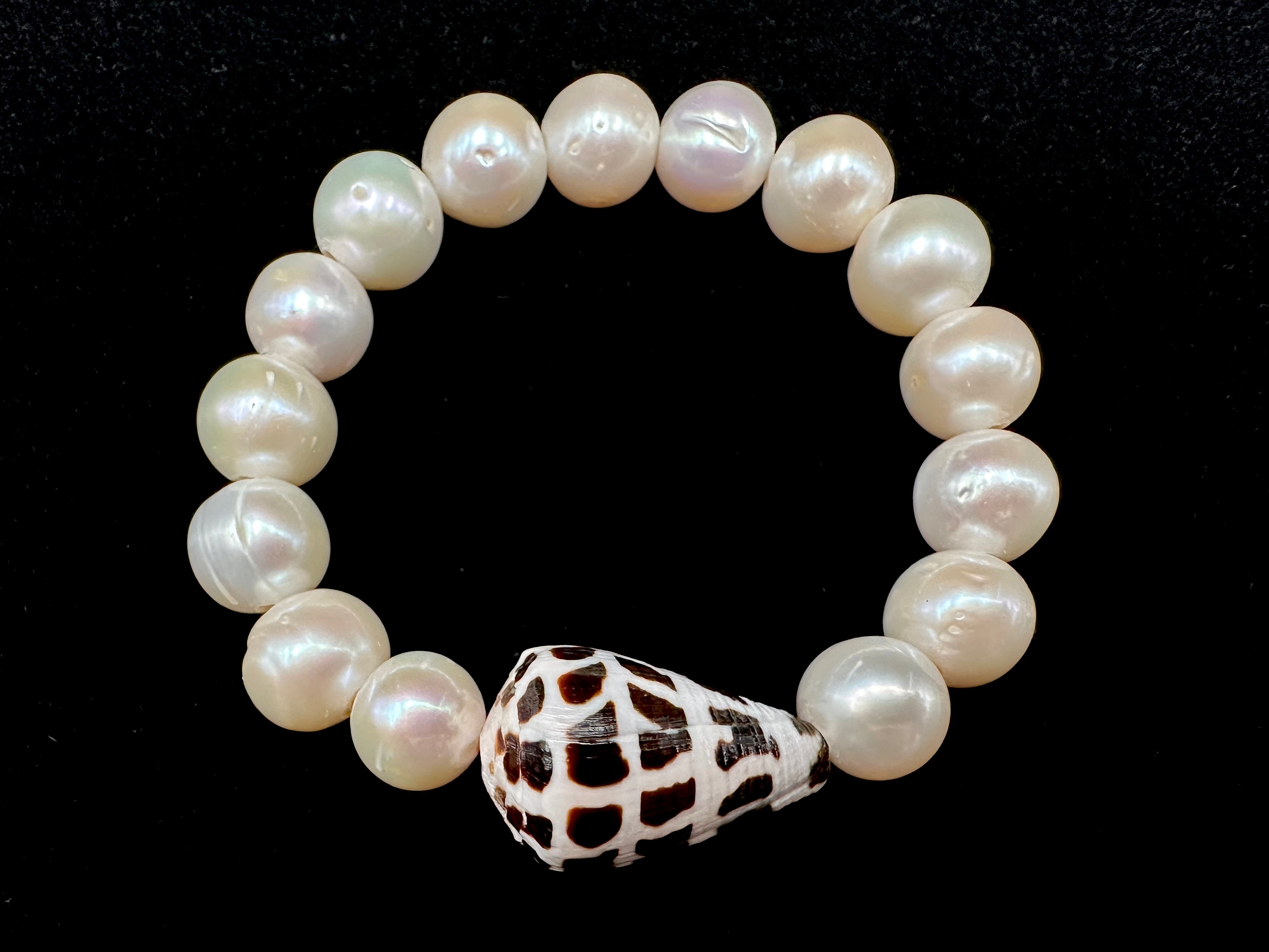 Hebrew Cone Shell Chunky Stretch Bracelet with Freshwater Pearls or Herkimer Diamonds