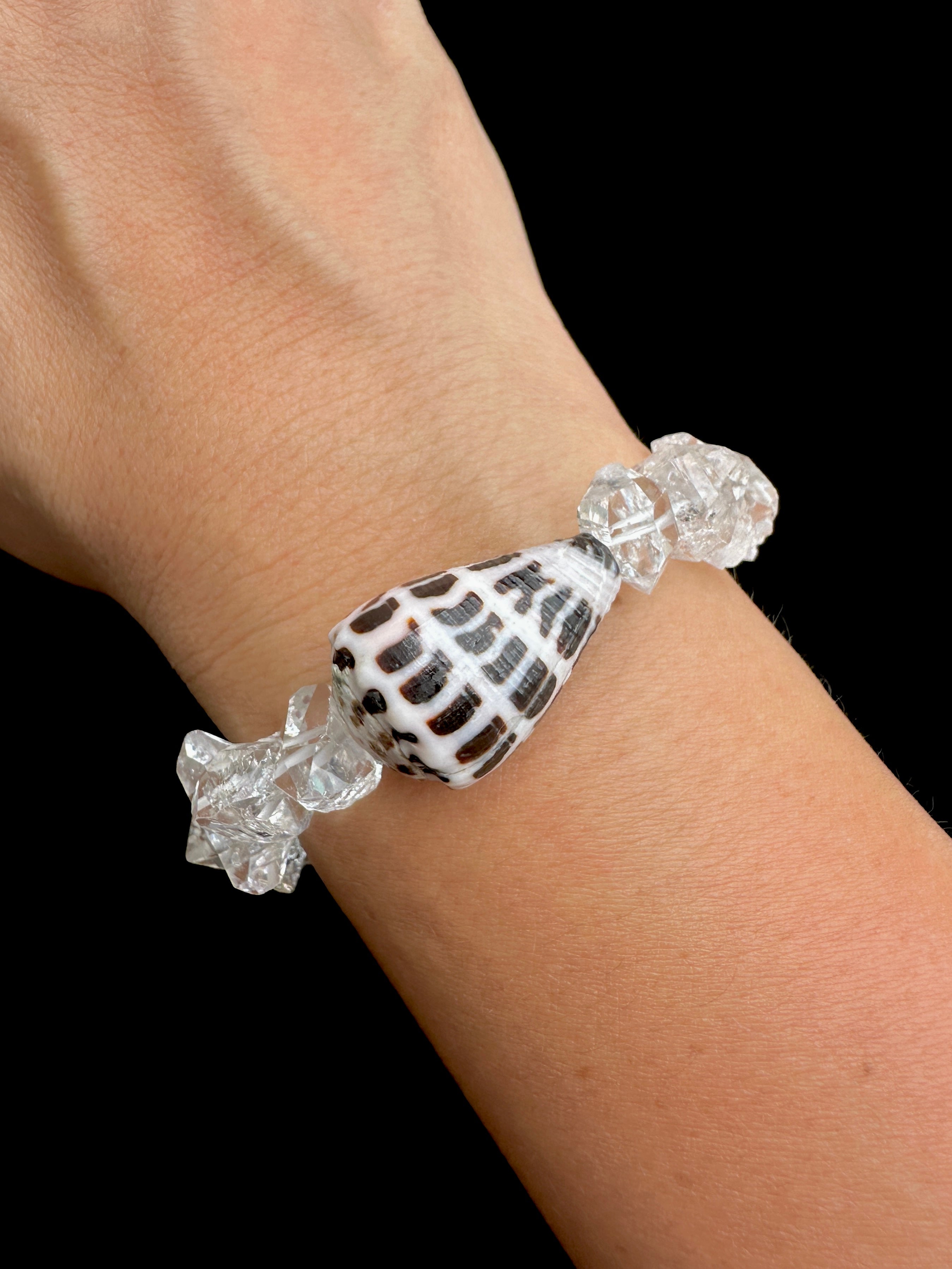 Hebrew Cone Shell Chunky Stretch Bracelet with Freshwater Pearls or Herkimer Diamonds