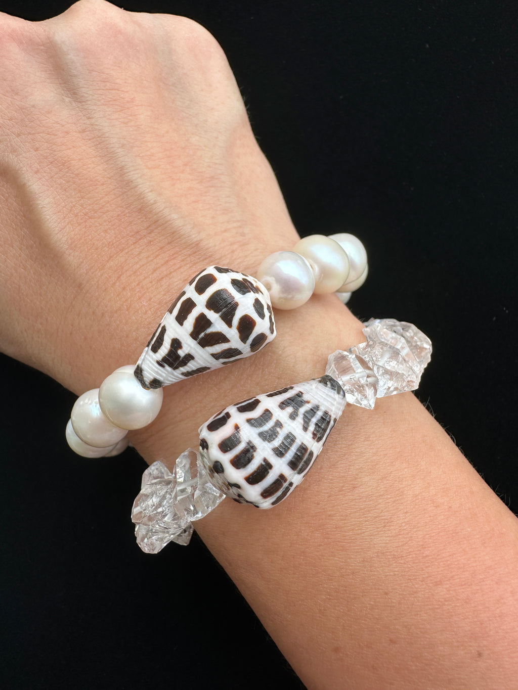Hebrew Cone Shell Chunky Stretch Bracelet with Freshwater Pearls or Herkimer Diamonds