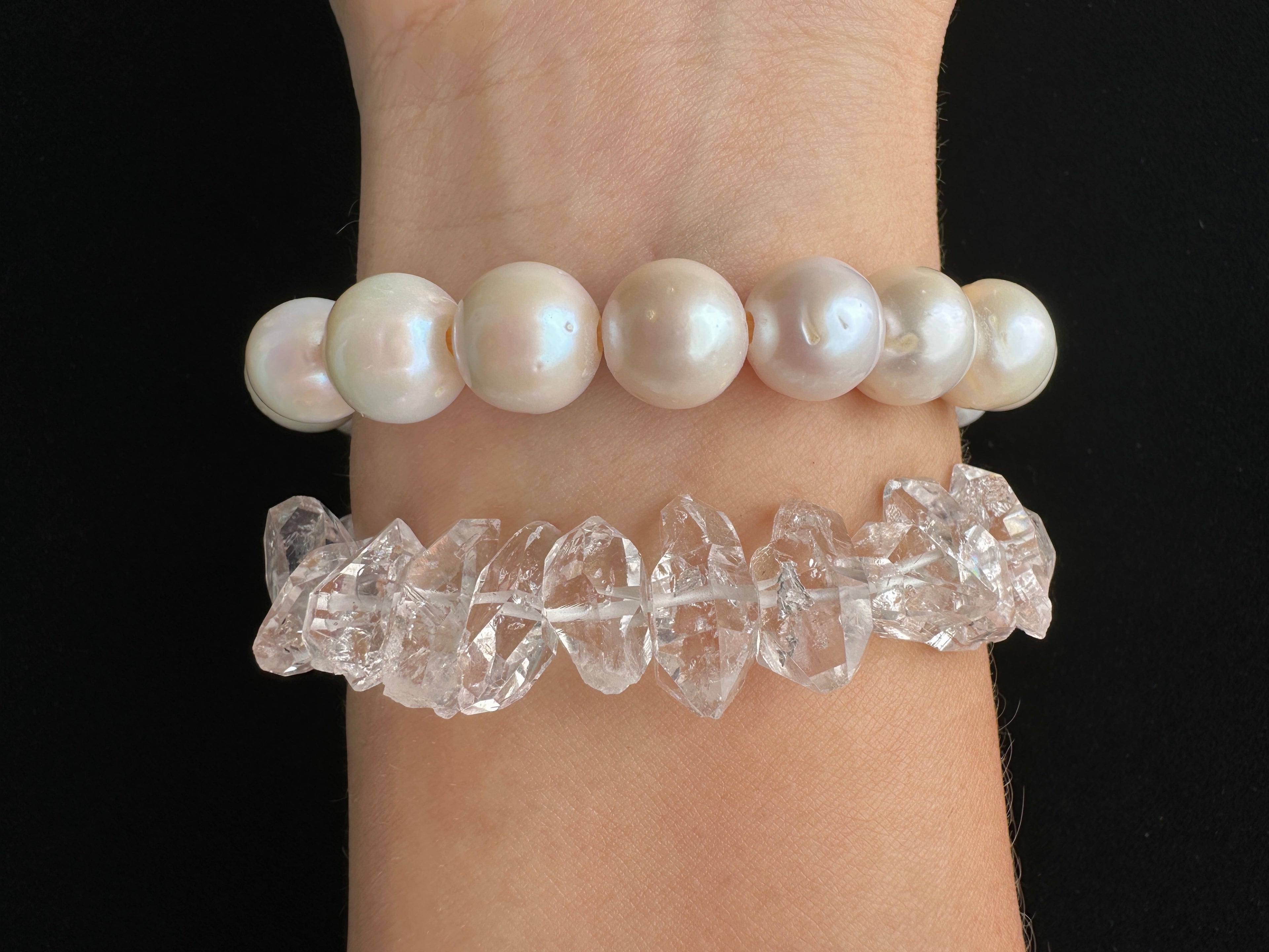 Hebrew Cone Shell Chunky Stretch Bracelet with Freshwater Pearls or Herkimer Diamonds