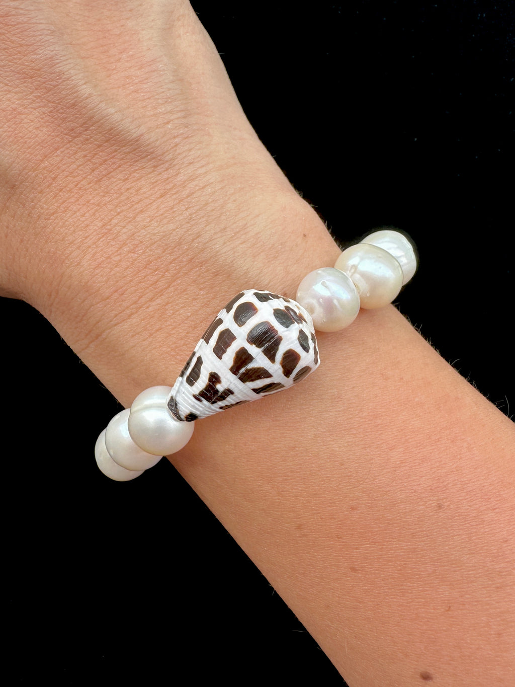 Hebrew Cone Shell Chunky Stretch Bracelet with Freshwater Pearls or Herkimer Diamonds