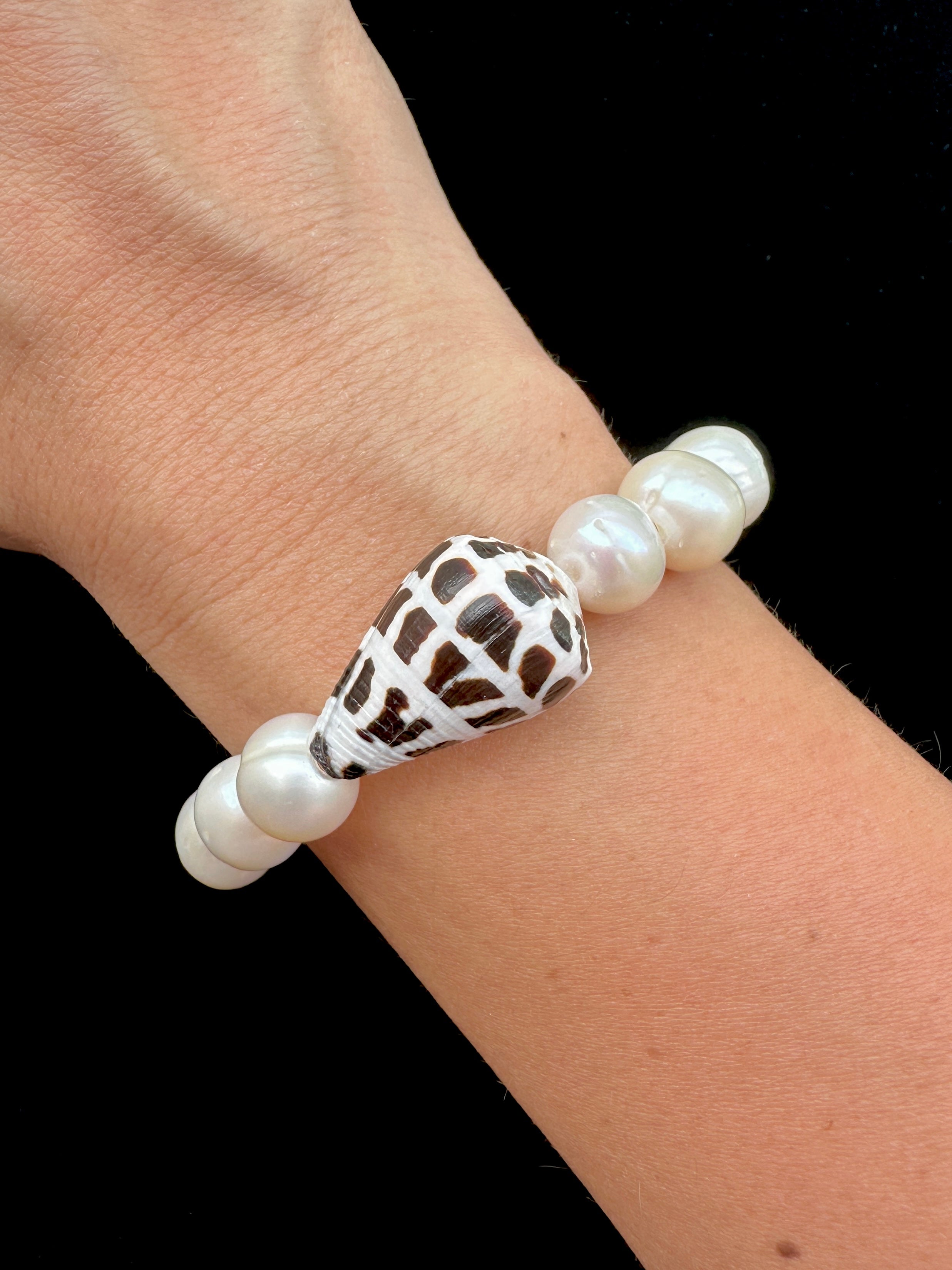 Hebrew Cone Shell Chunky Stretch Bracelet with Freshwater Pearls or Herkimer Diamonds