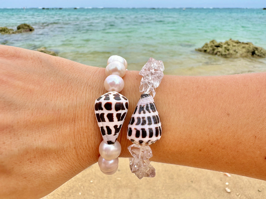 Hebrew Cone Shell Chunky Stretch Bracelet with Freshwater Pearls or Herkimer Diamonds