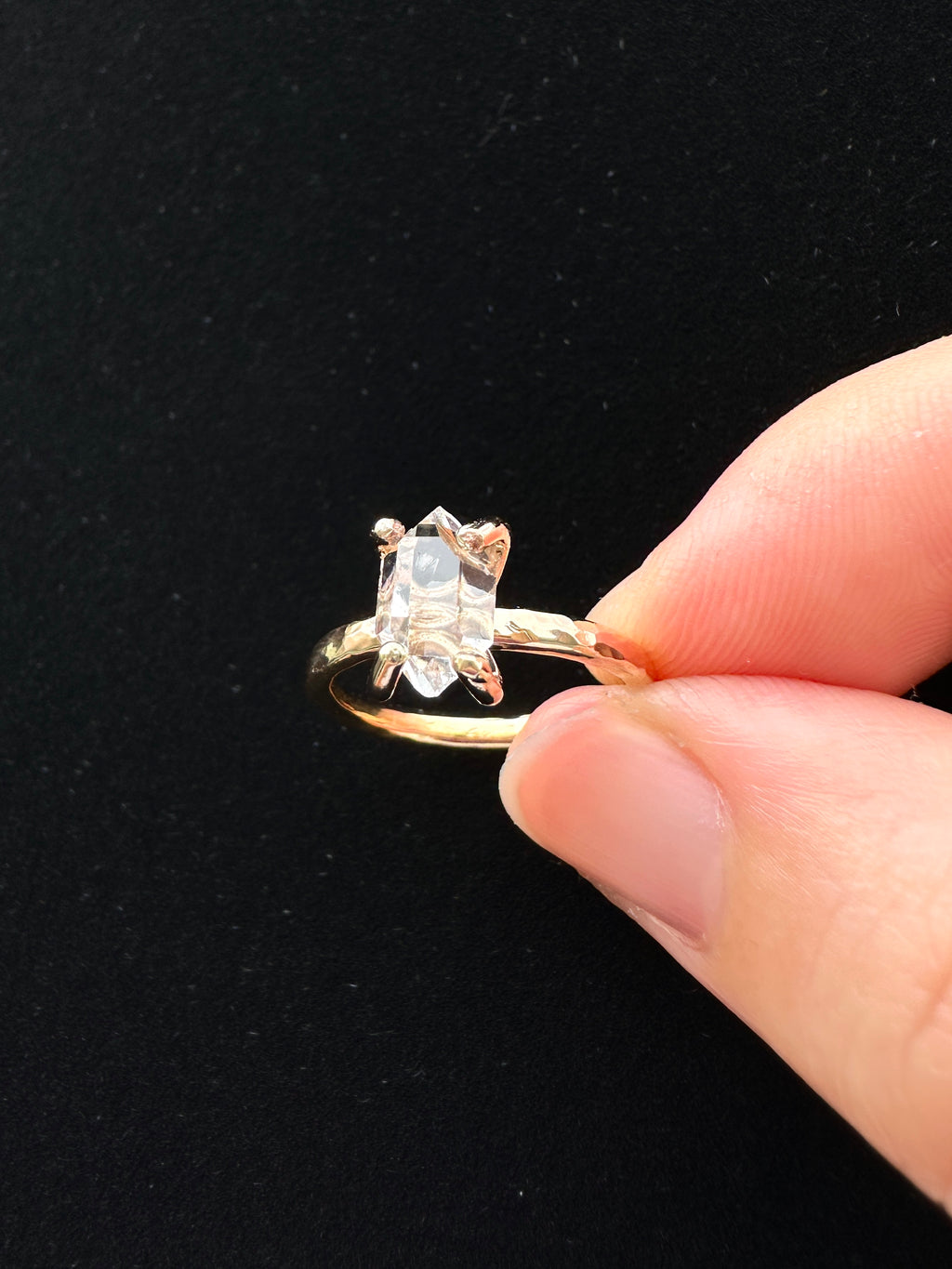 Herkimer Diamond 14K Gold Filled Hammered Ring with Prong Setting