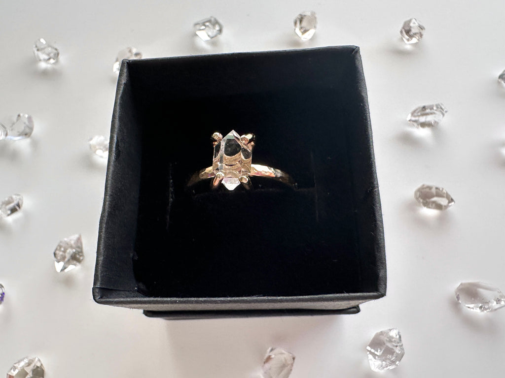 Herkimer Diamond 14K Gold Filled Hammered Ring with Prong Setting