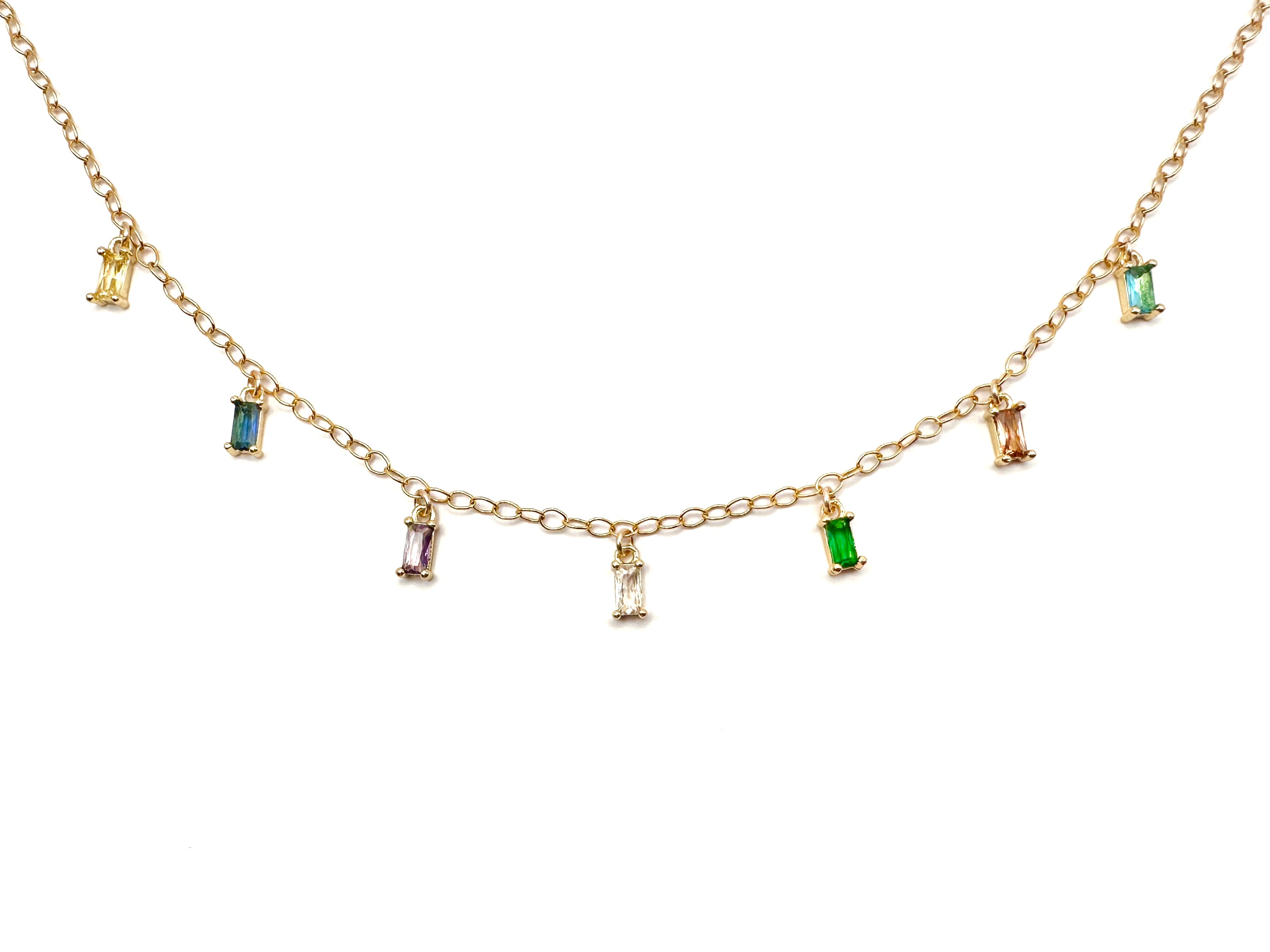 Sparkling Rainbow Cubic Zirconia Baguette Charm Necklace on 14K Gold Filled Chain