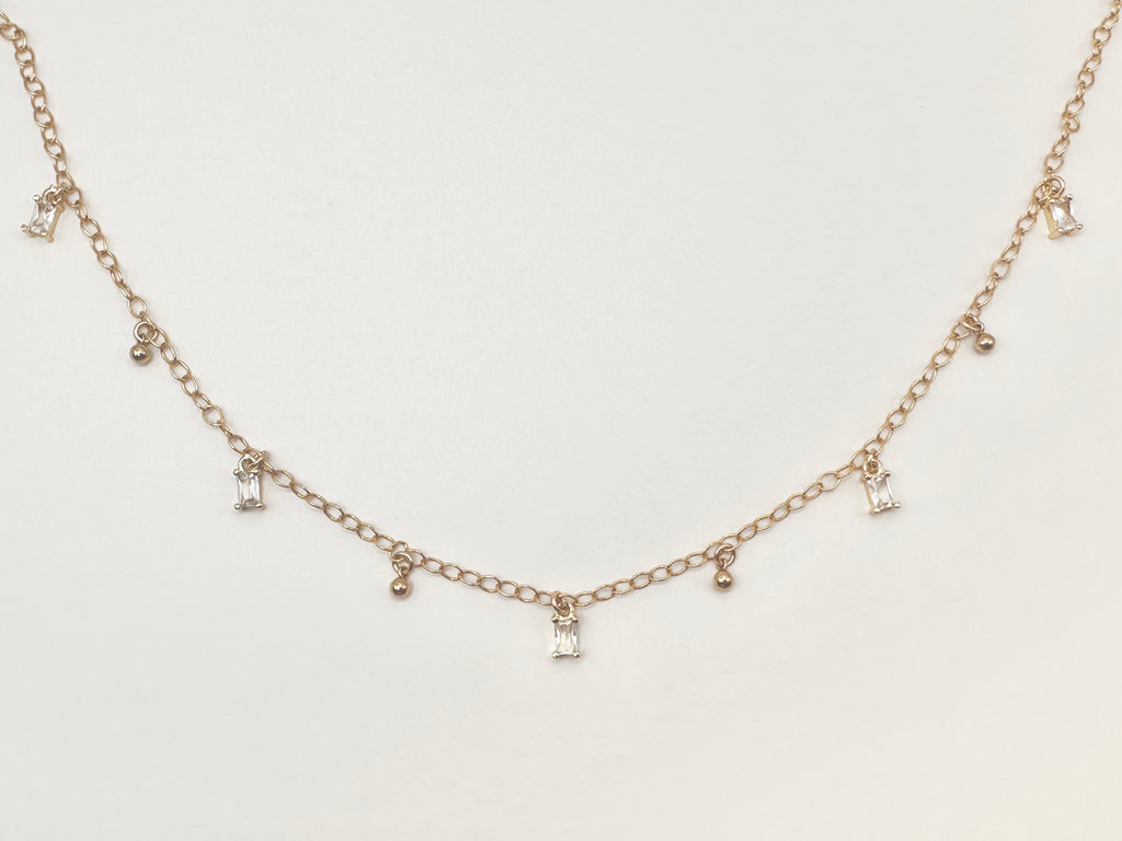 Sparkling Cubic Zirconia Baguette and Ball Drop Charm Necklace on 14K Gold Filled Chain