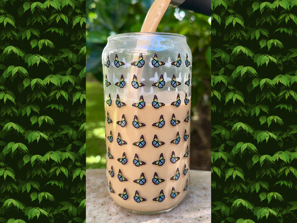 Butterfly Pattern Glass Can Shaped Drinking Tumbler (16 oz Cup)