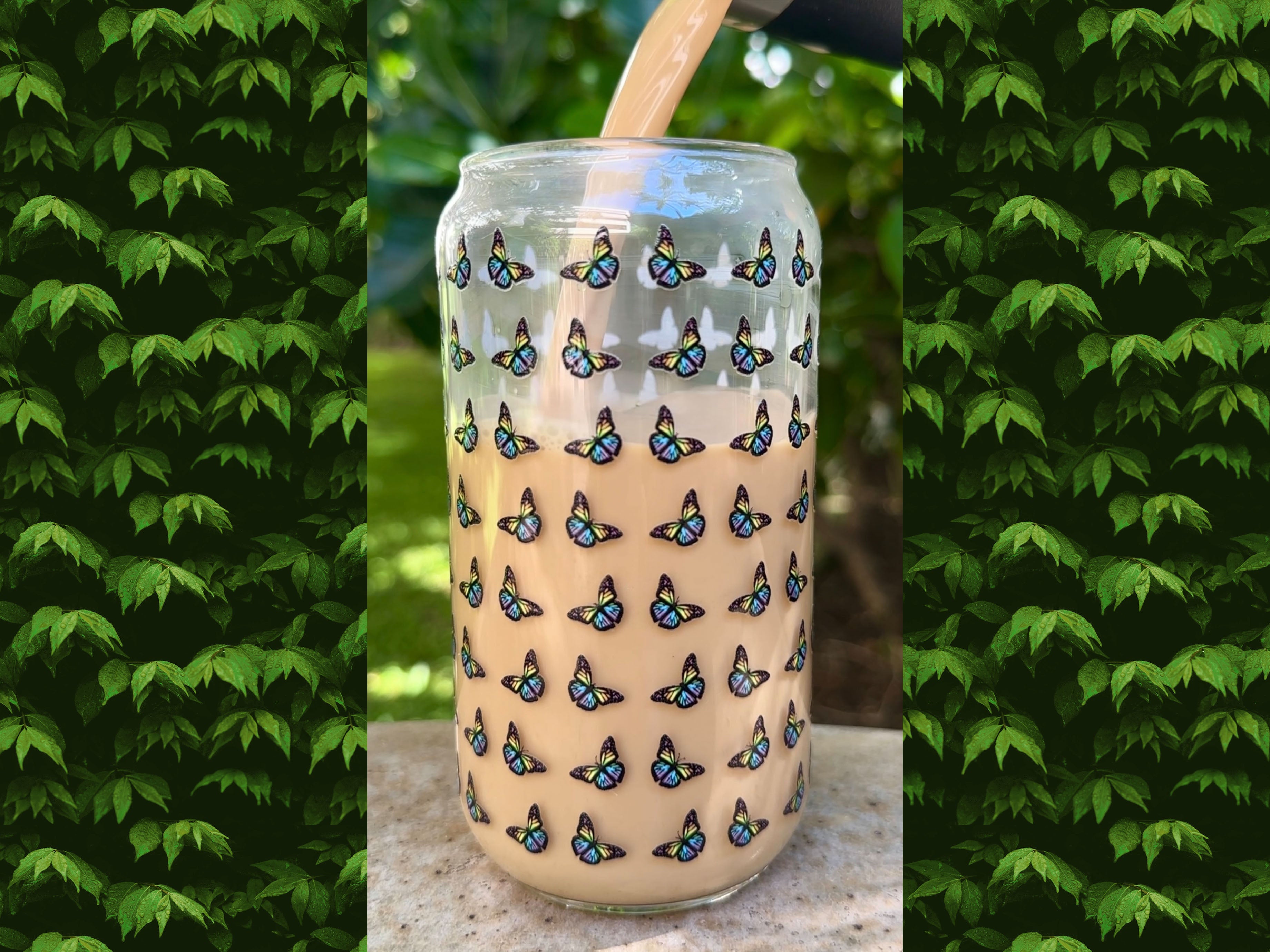 Butterfly Pattern Glass Can Shaped Drinking Tumbler (16 oz Cup)