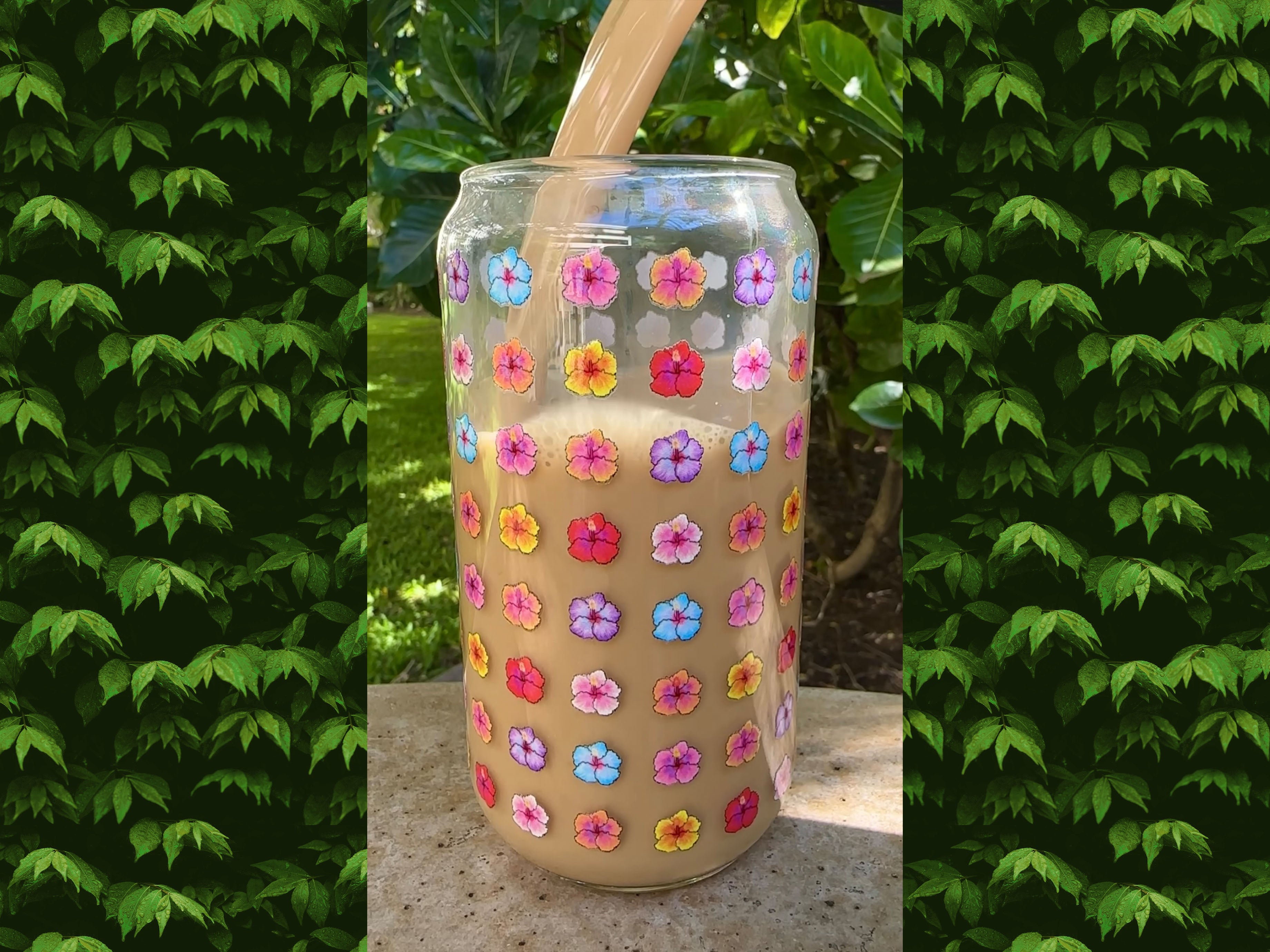 Hibiscus Pattern Glass Can Shaped Drinking Tumbler (16 oz Cup)