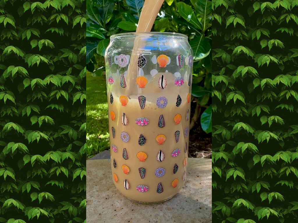 Seashell Pattern Glass Can Shaped Drinking Tumbler (16 oz Cup)