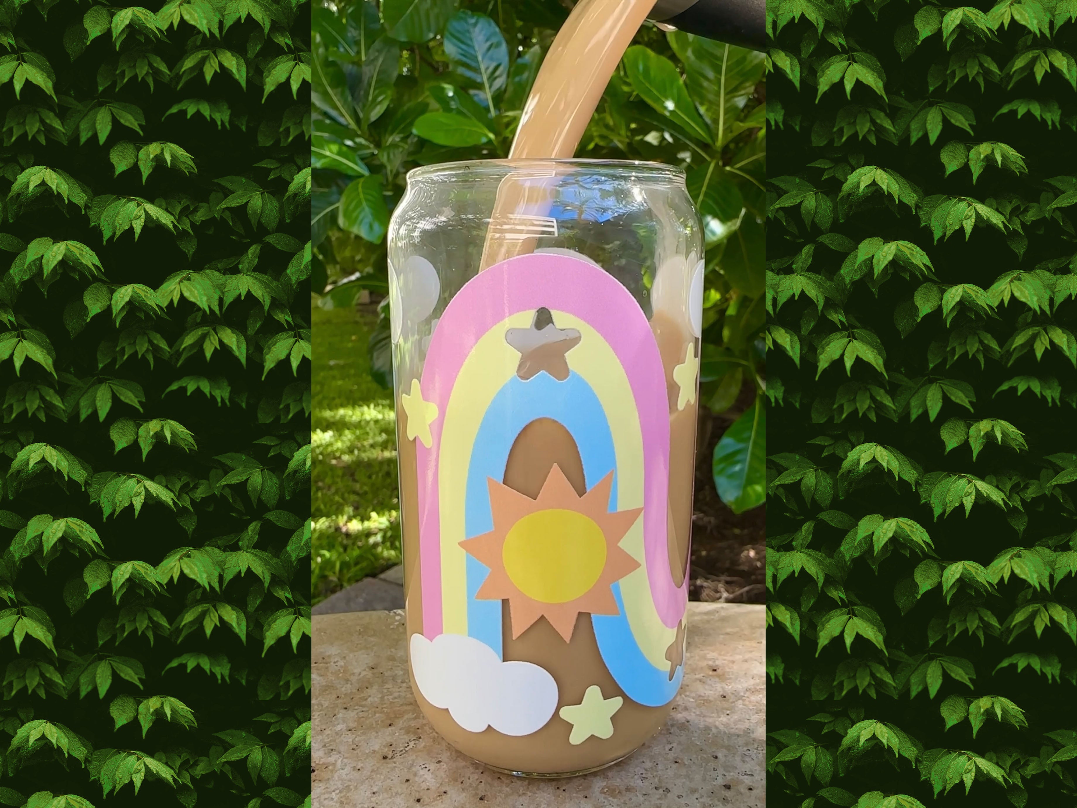 Rainbow and Star Glass Can Shaped Drinking Tumbler (16 oz Cup)
