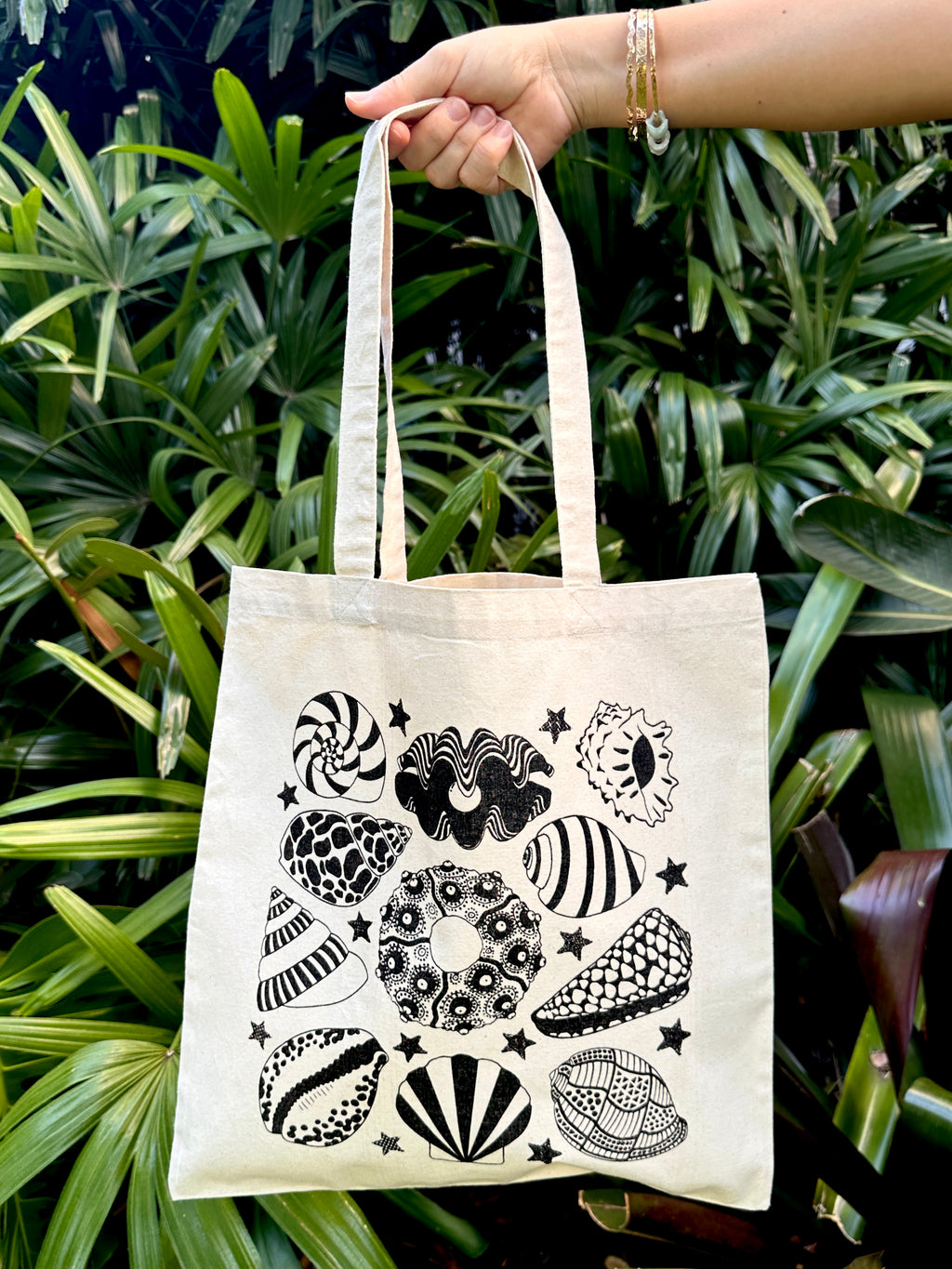 Seashell Screen Print Cotton Canvas Tote Bag Reusable Washable Lightweight