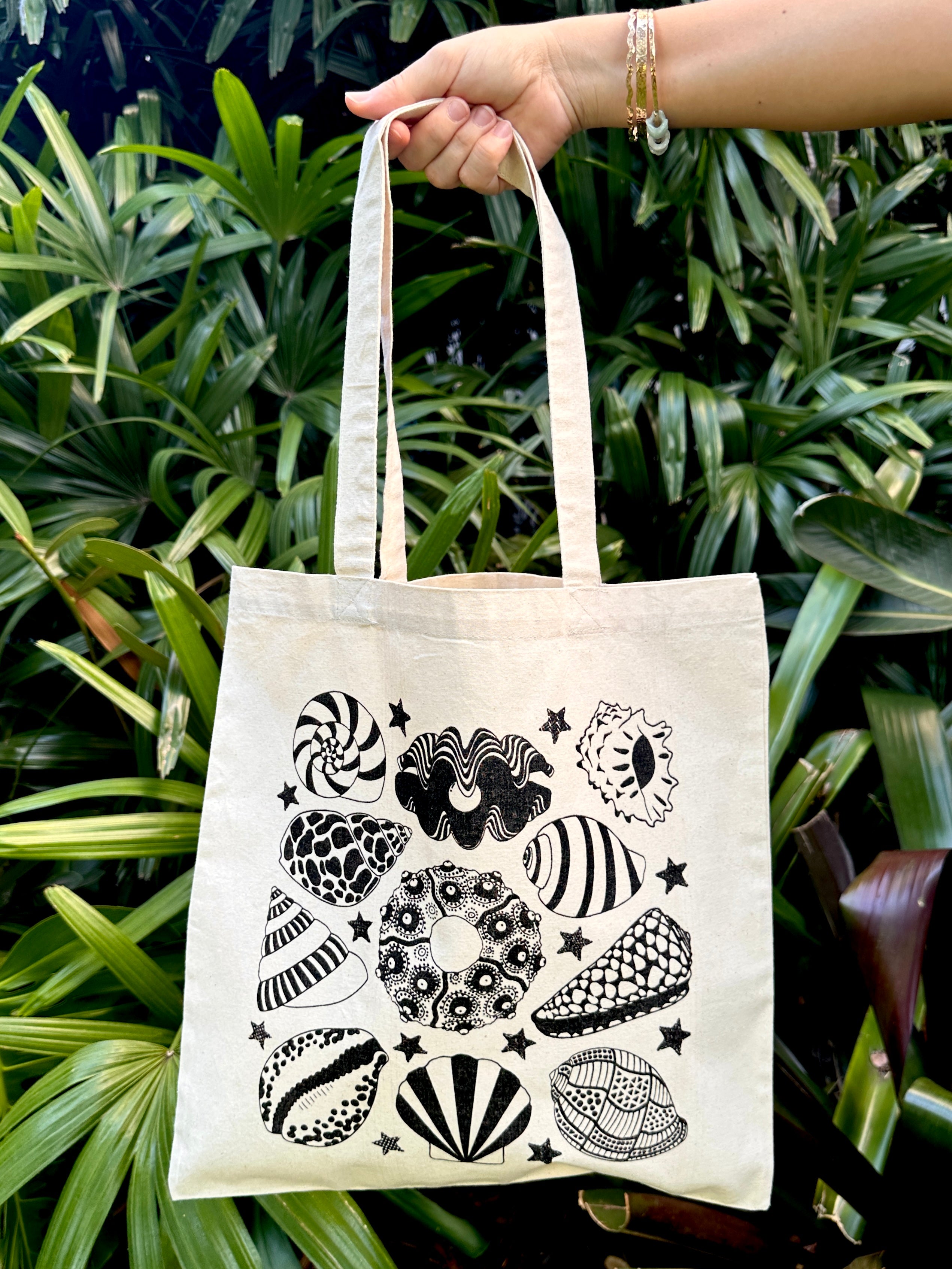 Seashell Screen Print Cotton Canvas Tote Bag Reusable Washable Lightweight