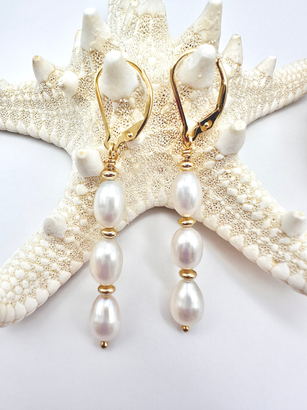 Triple Freshwater Pearl Drop 14K Gold Filled Lever Back Earrings