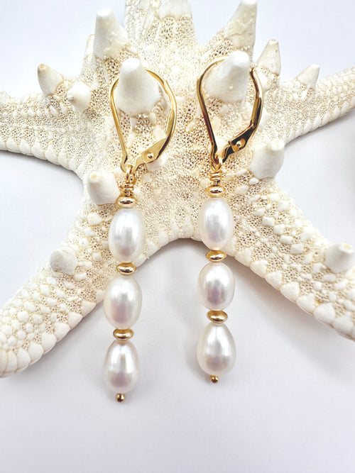 Triple Freshwater Pearl Drop 14K Gold Filled Lever Back Earrings