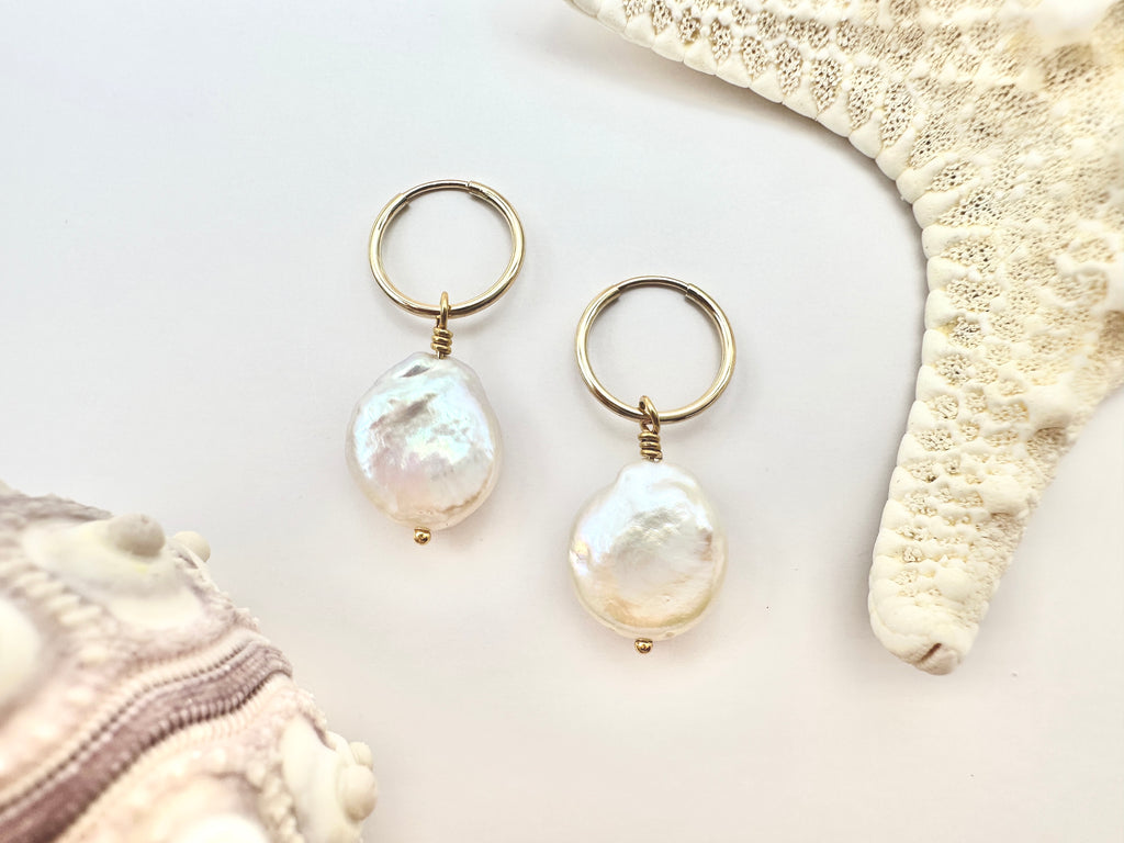 Iridescent White Freshwater Coin Pearl 14K Gold Filled Hoop Earrings