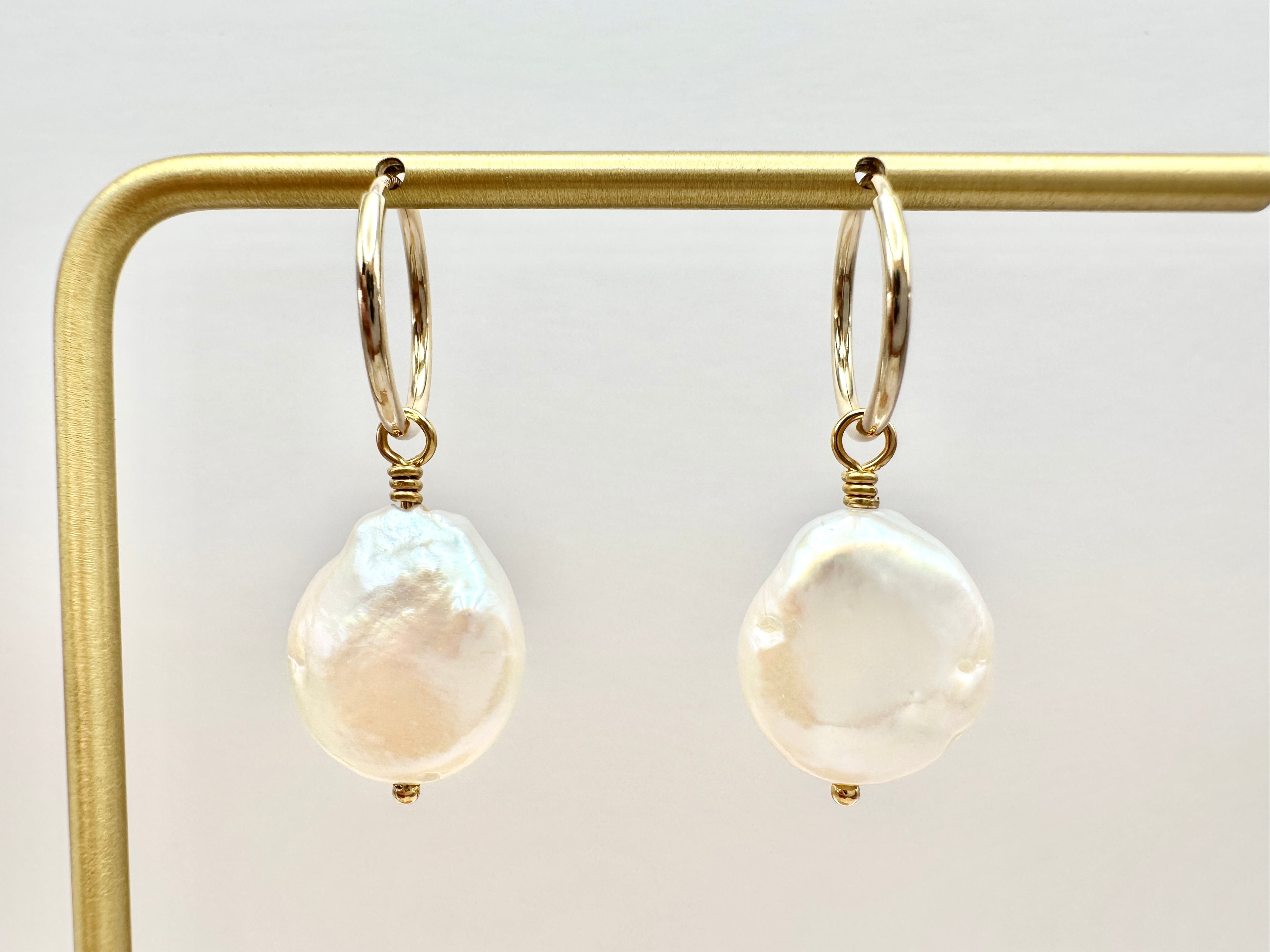 Iridescent White Freshwater Coin Pearl 14K Gold Filled Hoop Earrings