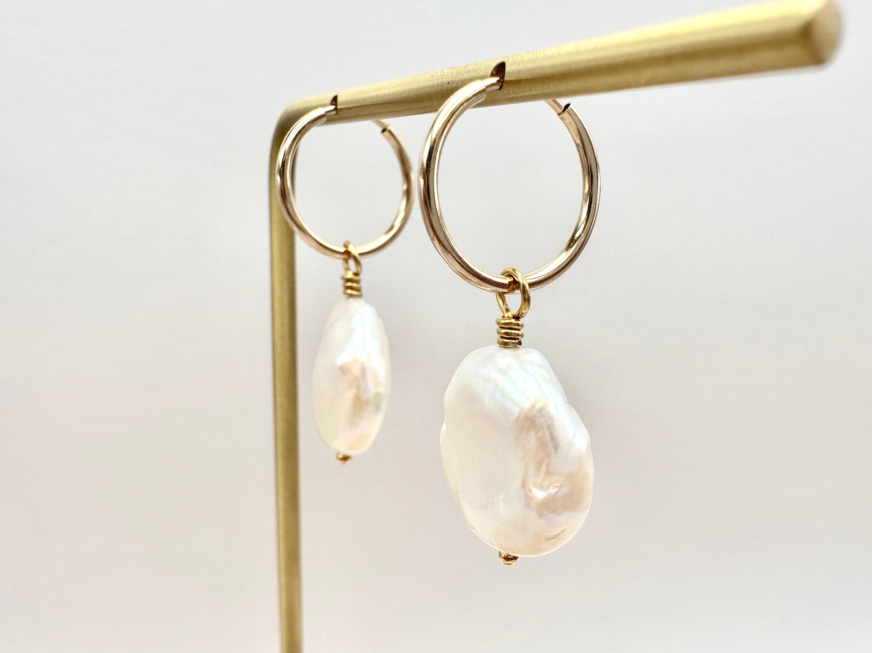 Iridescent White Freshwater Coin Pearl 14K Gold Filled Hoop Earrings