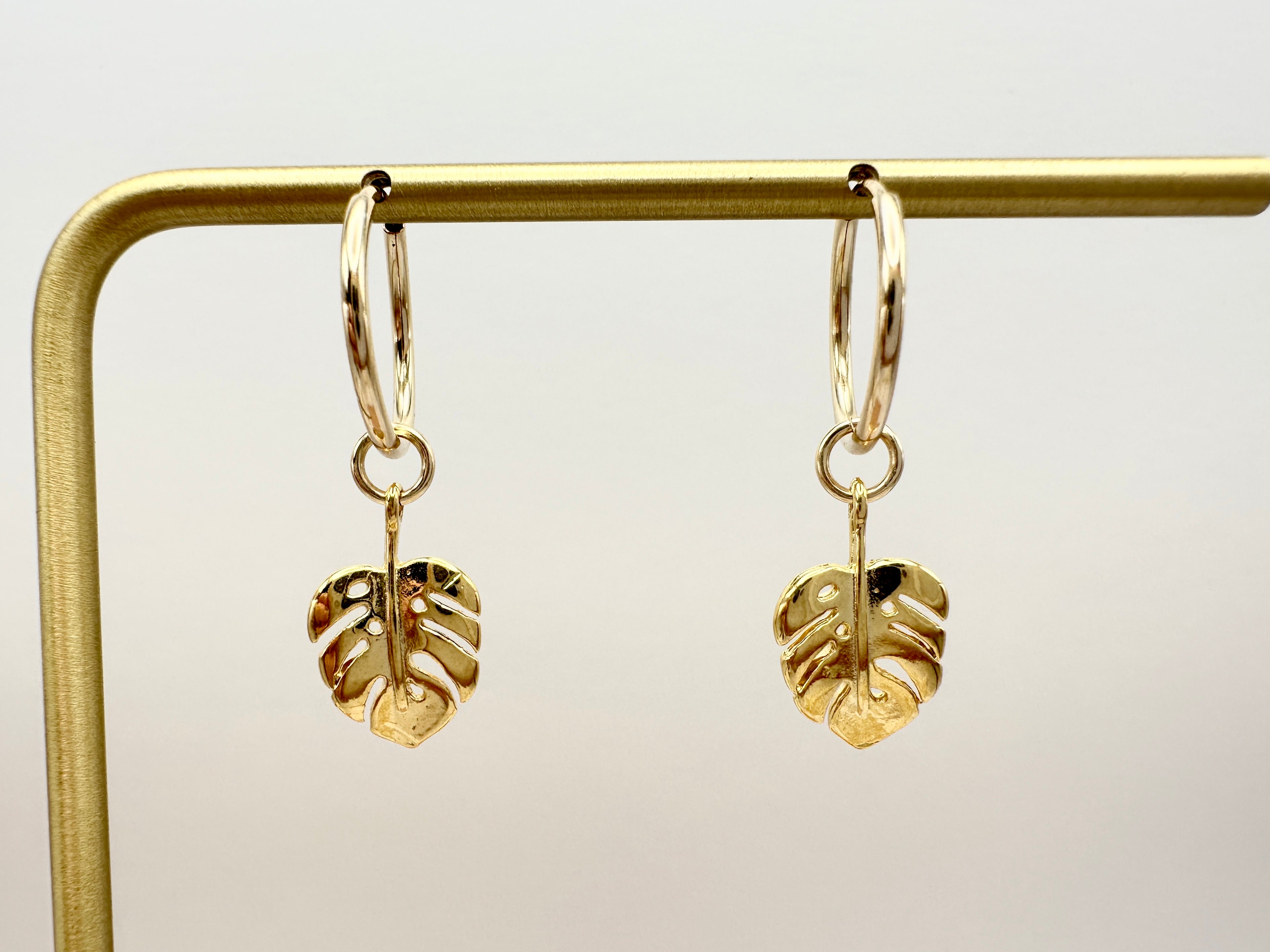 Monstera Leaf Charm 14K Gold Filled Hoop Earrings